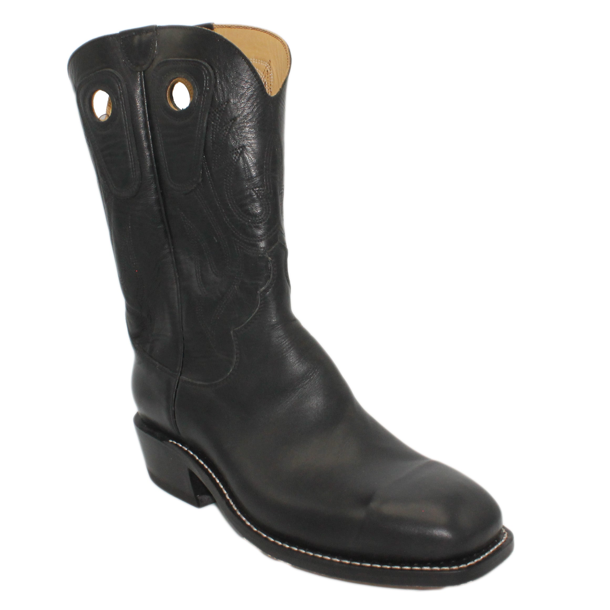 12" Black Kidskin Upper w/ Beck 3 Row Stitching

Black Calf Vamp

Wide French Toe

Slightly Tapered Heel

Leather Sole