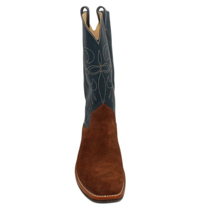 14" Blue Upper w/ Elkhorn Stitching

Brown Timberjack Rough Out Steer Vamp

Wide French Square Toe

Block Heel