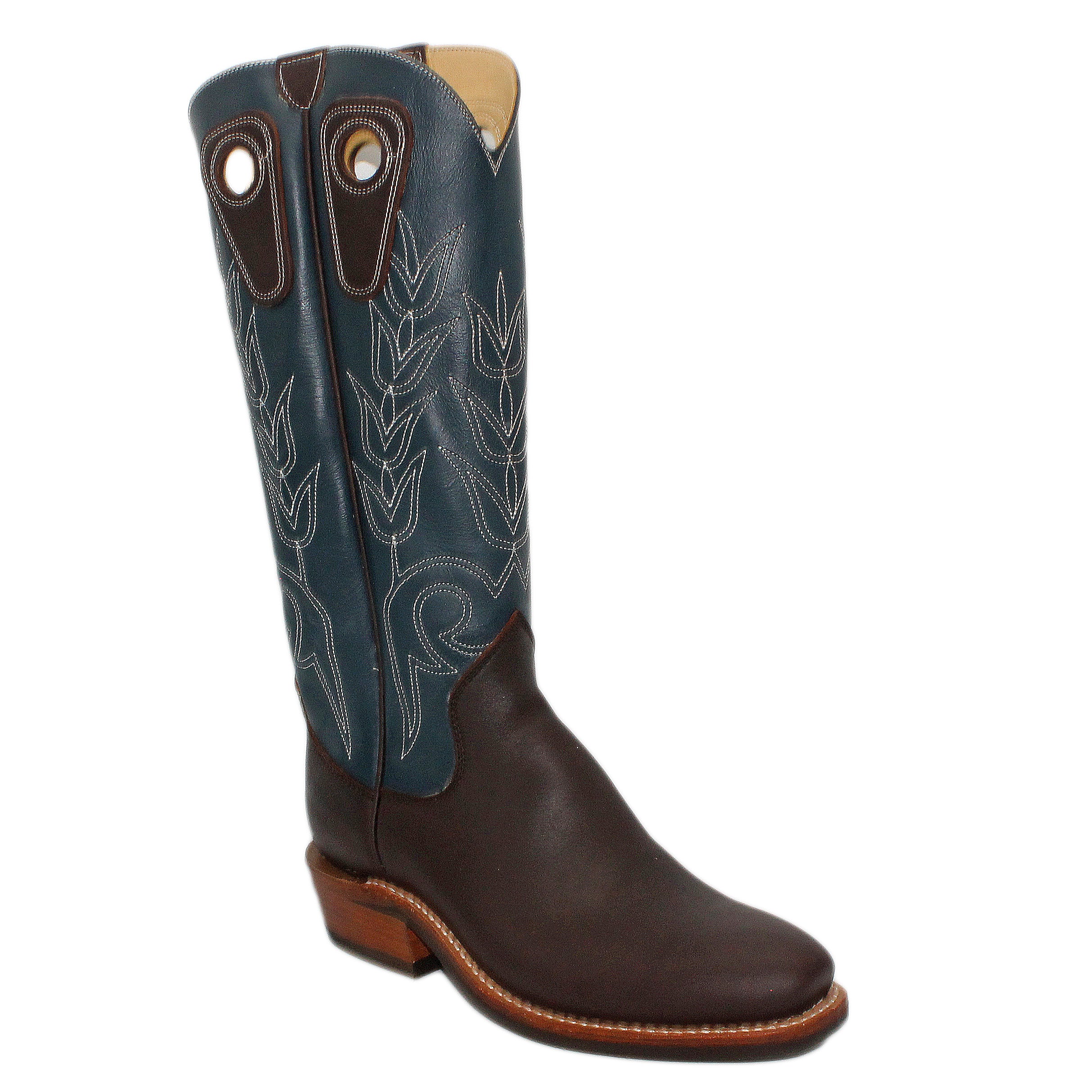 16" Blue Upper w/ Tulip Stitching

Brown Timberjack Steer Vamp

Regular Forties Toe

Slightly Tapered Heel