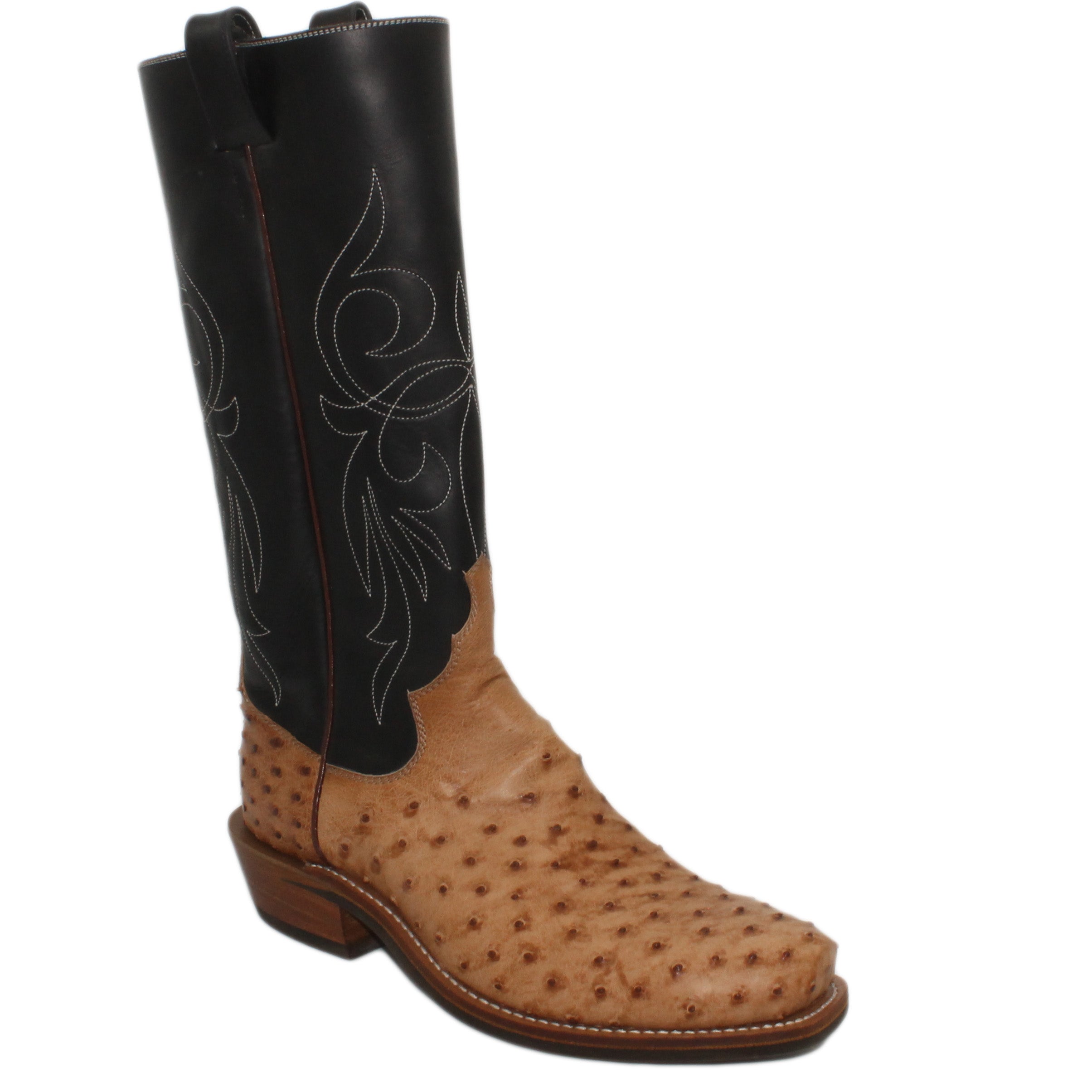 14" Black Upper w/ Elkhorn Stitching

Bruciatto Full Quill Ostrich Vamp

Regular Forties Square Toe

Slightly Tapered Heel