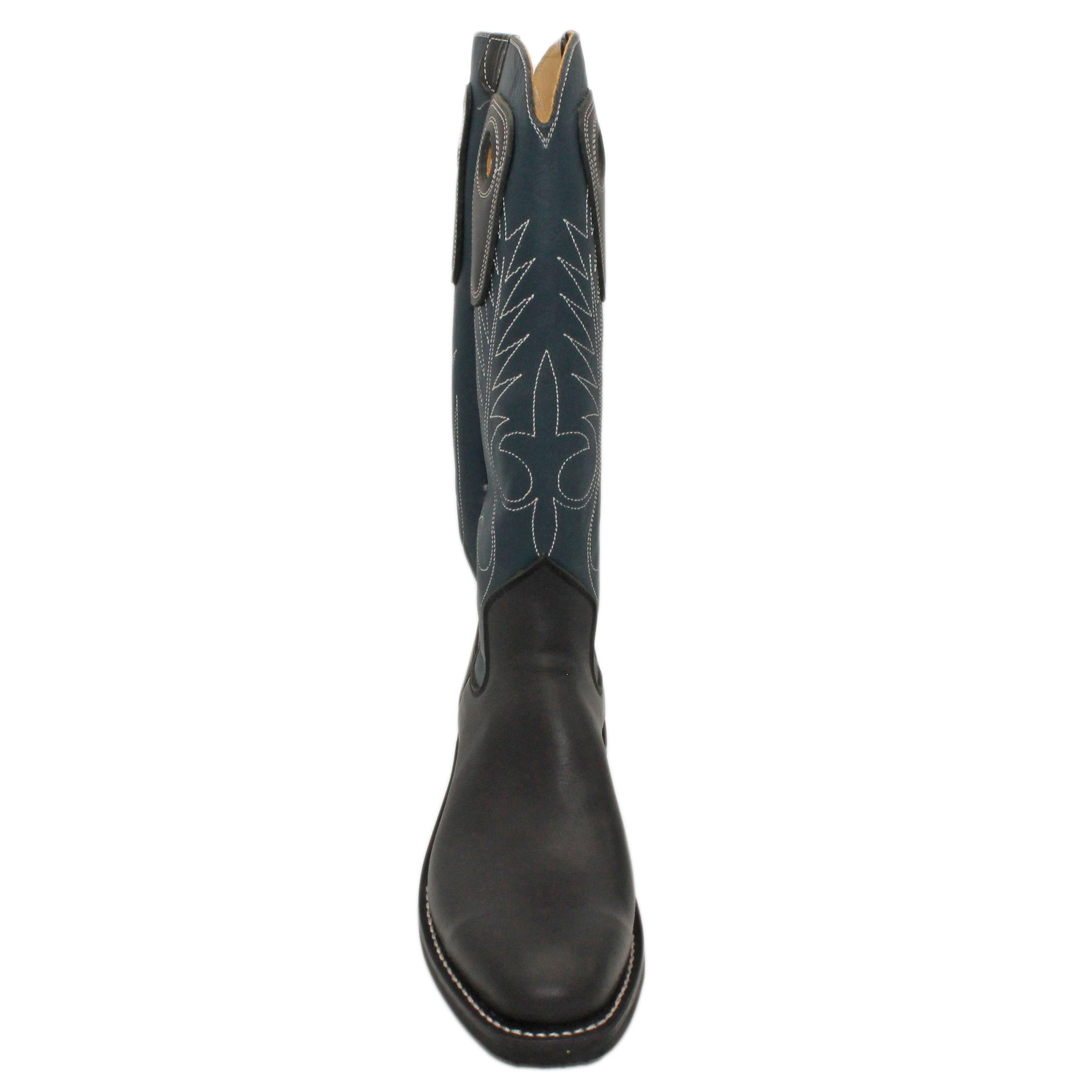 14" Blue Upper w/ Beck Classic Stitching

Black Steer Vamp

Regular French Square Toe

Slightly Tapered Heel