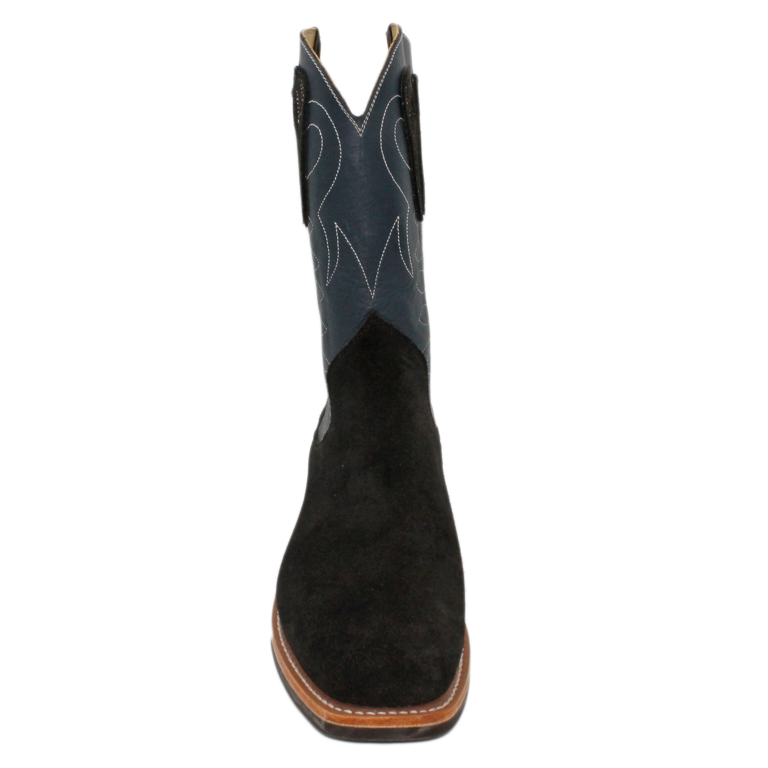 12" Blue Upper w/ Loops Stitching

Black Rough Out Steer Vamp

Wide French Toe

Slightly Tapered Heel