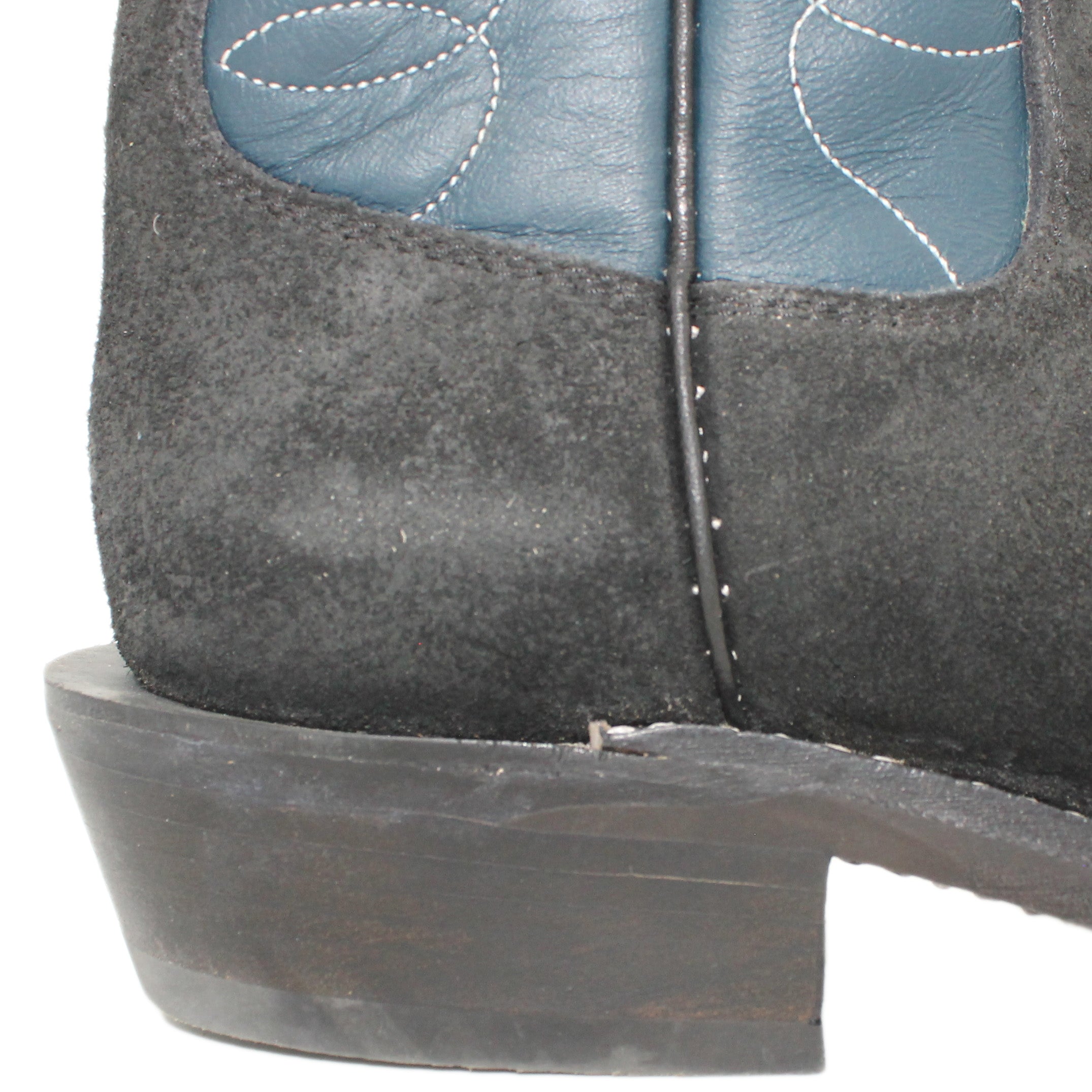 12" Blue Upper w/ Loops Stitching

Black Rough Out Steer Vamp

Wide French Toe

Slightly Tapered Heel