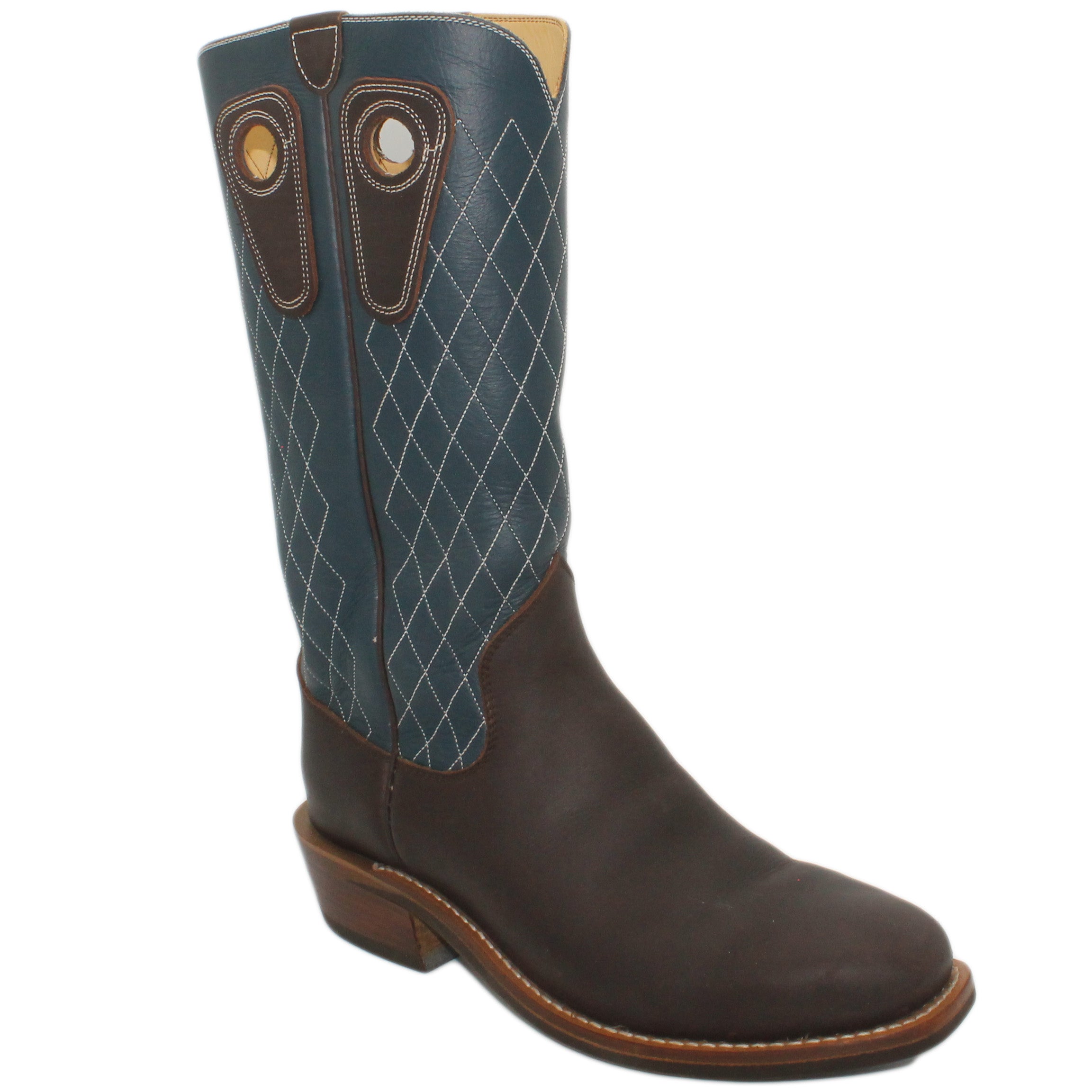 Blue Uppers with Diamond Stitching

Brown Timberjack Steer Vamp

Regular French Square Toe

Slightly Tapered Heel