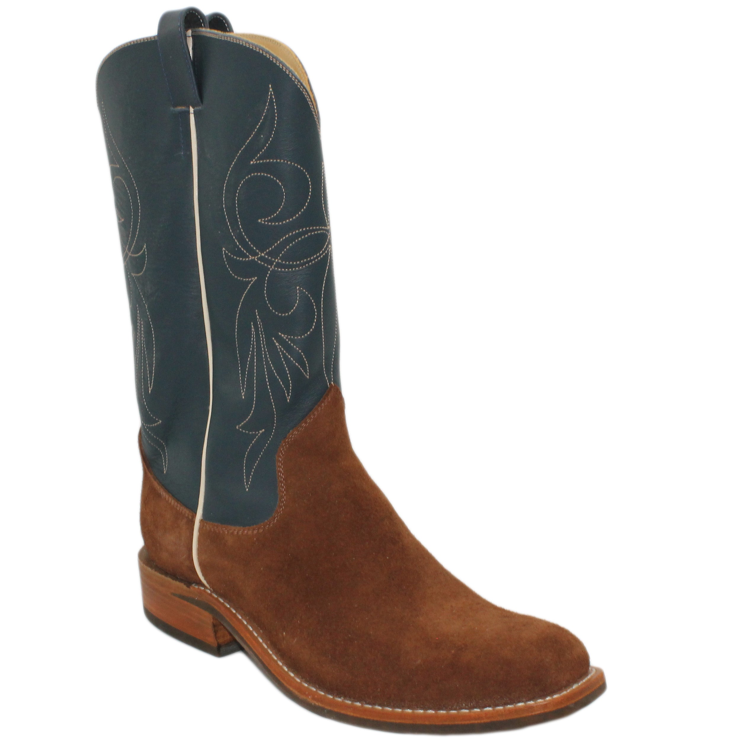 14" Blue Upper w/ Elkhorn Stitching

Brown Timberjack Rough Out Steer Vamp

Wide French Square Toe

Block Heel