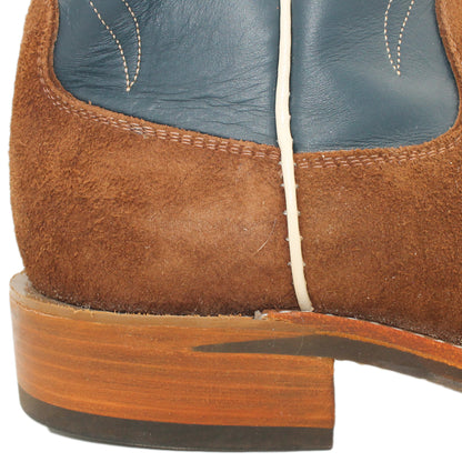 14" Blue Upper w/ Elkhorn Stitching

Brown Timberjack Rough Out Steer Vamp

Wide French Square Toe

Block Heel
