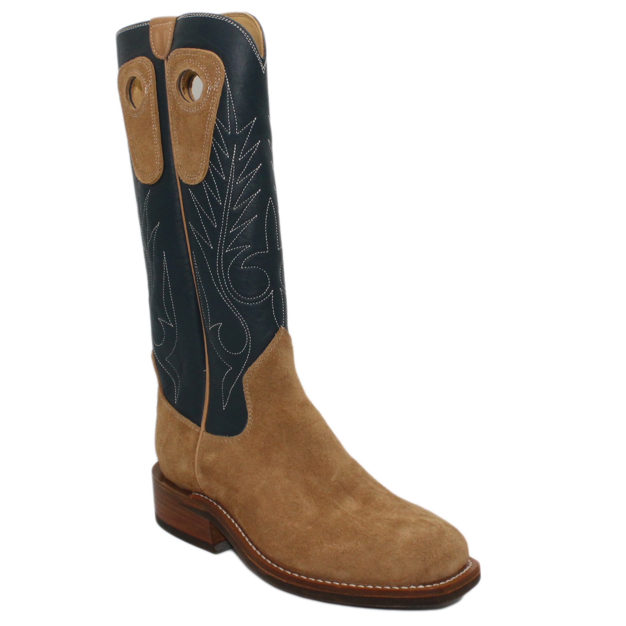 14" Blue Upper w/ Beck Classic Stitching

Buckskin Steer Rough Out Vamp

Wide French Square Toe

Block Heel