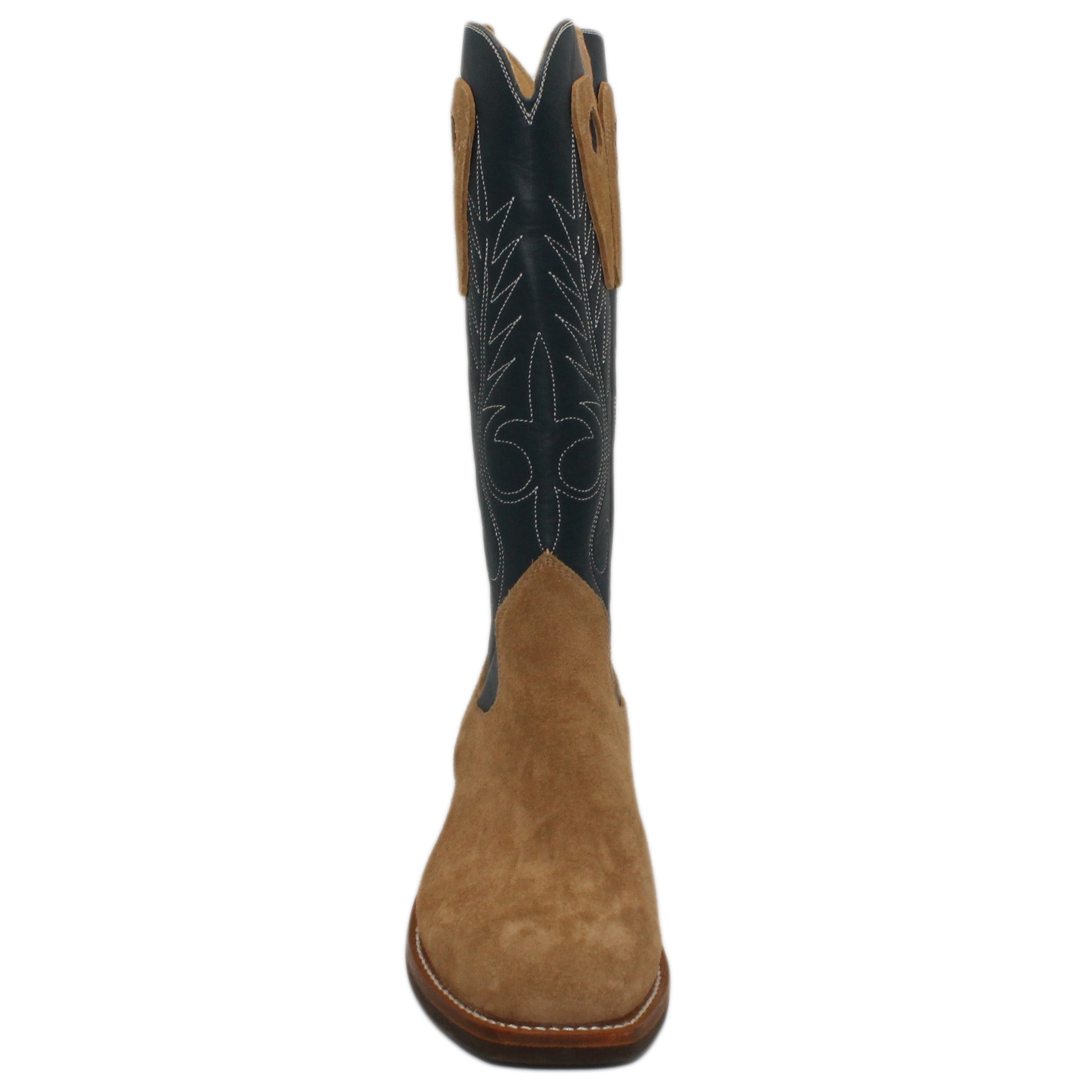 14" Blue Upper w/ Beck Classic Stitching

Buckskin Steer Rough Out Vamp

Wide French Square Toe

Block Heel