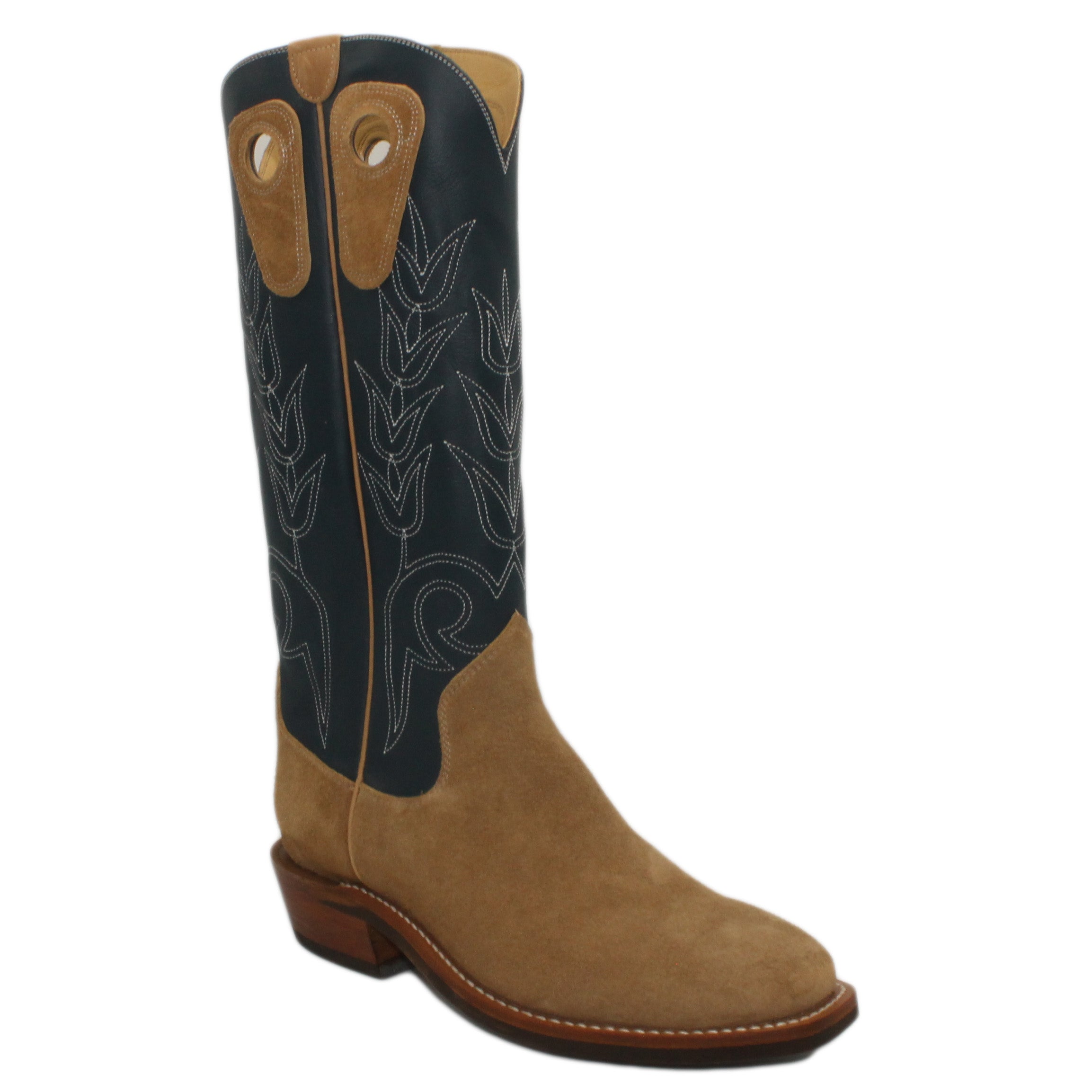 16" Blue Uppers w/ Tulip Stitching

Buckskin Rough Out Steer Vamp

Regular French Square Toe

Slightly Tapered Heel