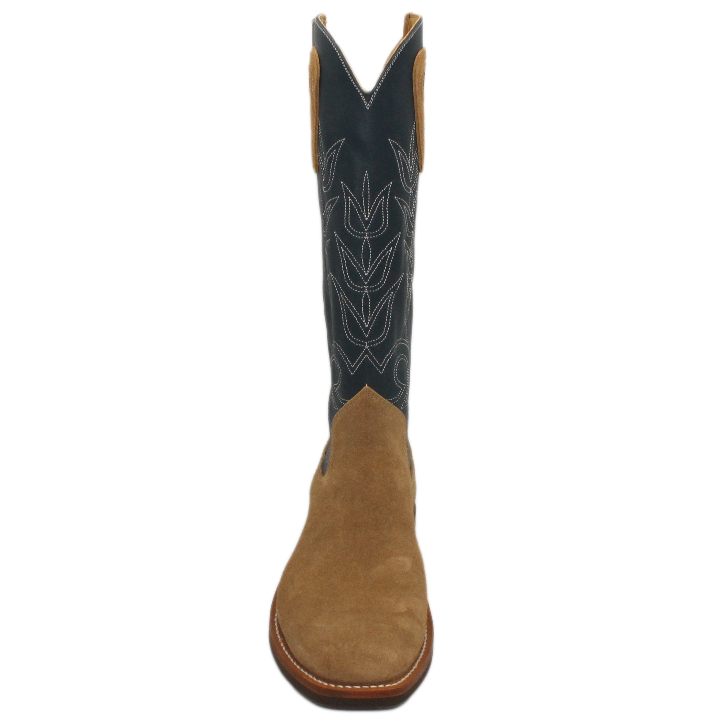 16" Blue Uppers w/ Tulip Stitching

Buckskin Rough Out Steer Vamp

Regular French Square Toe

Slightly Tapered Heel