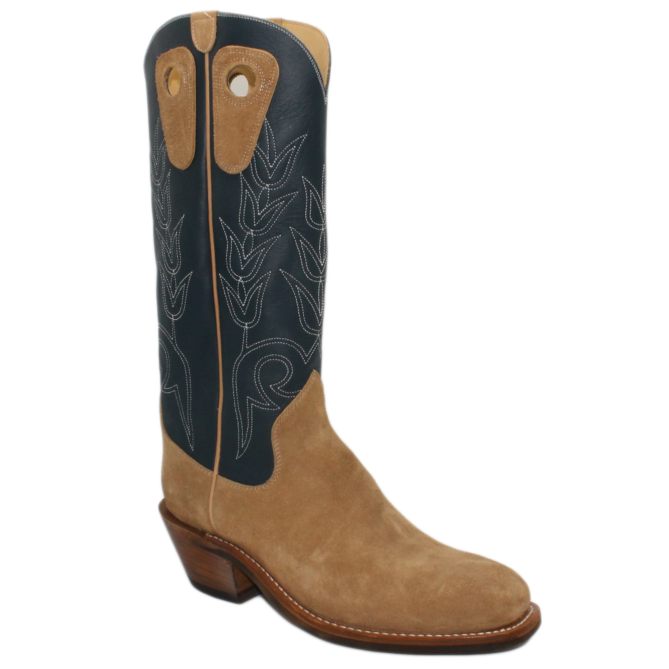 16" Blue Uppers w/ Tulip Stitching

Buckskin Rough Out Steer Vamp

Regular French Square Toe

Extreme Underslung Heel