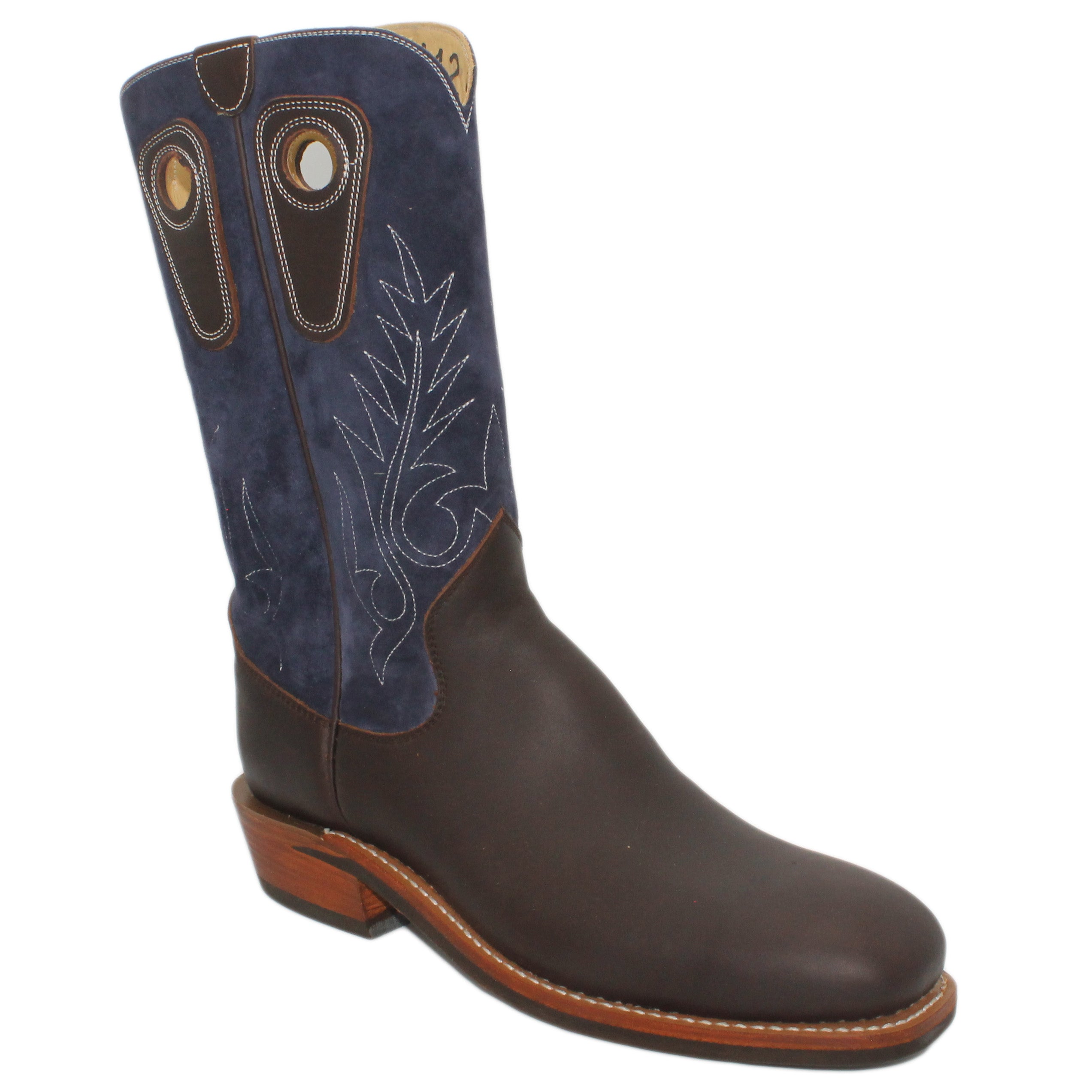 14" Blue Pigskin Upper w/ Beck Classic Stitching

Brown Timberjack Smooth Steer Vamp

Wide French Square Toe

Slightly Tapered Heel