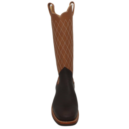 14" Brown Upper w/ Diamond Stitching

Brown Timberjack Steer Vamp

Wide French Square Toe

Slightly Tapered Heel