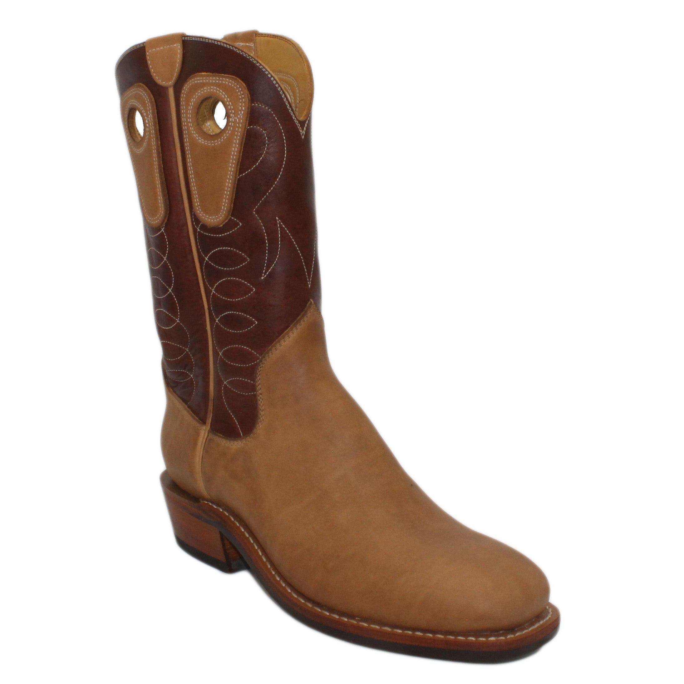 12" Brown Upper w/ Loops Stitching

Buckskin Rough Out Steer Vamp

Wide French Square Toe

Slightly Tapered Heel
