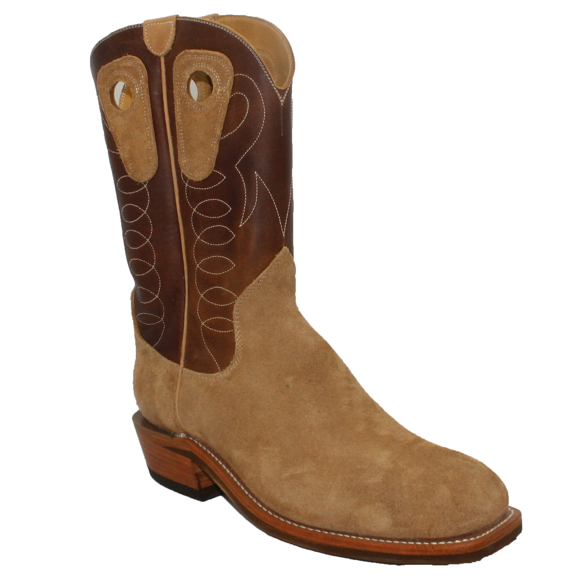12" Brown Upper w/ Loops Stitching

Buckskin Rough Out Steer Vamp

Wide French Square Toe

Slightly Tapered Heel