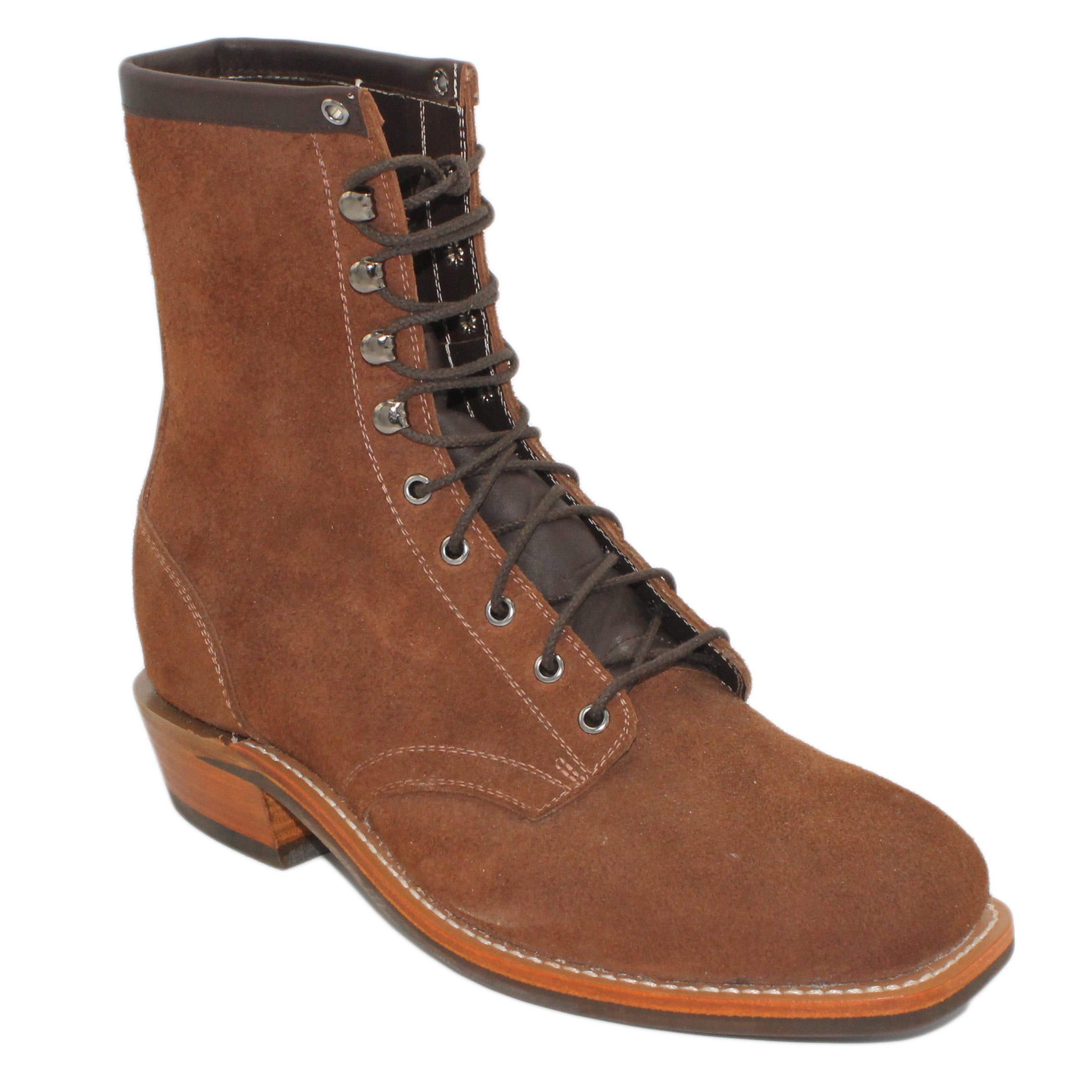 8" Lace-Up

Brown Timberjack Rough Out Steer

Wide French Square Toe

Slightly Tapered Heel