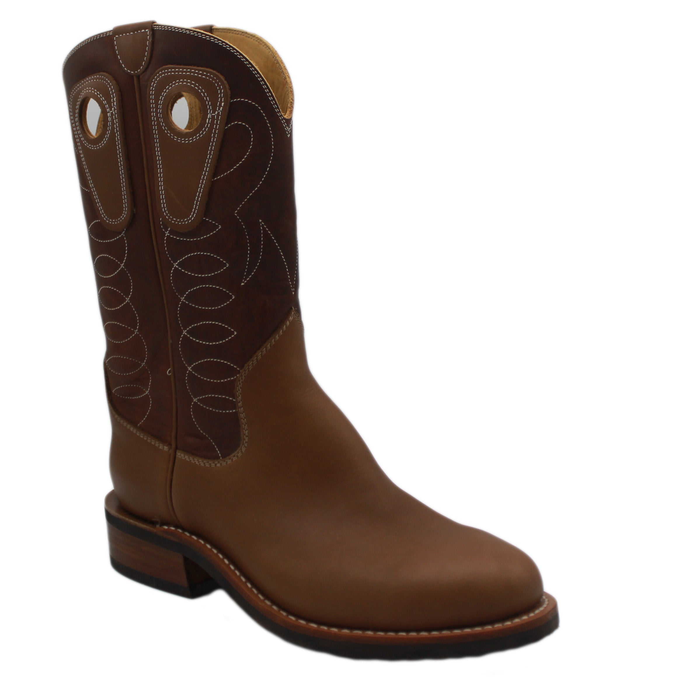 12" Brown upper w/ Loops Stitching

Saddle Timberjack Steer Vamp

Round Toe

Block Heel