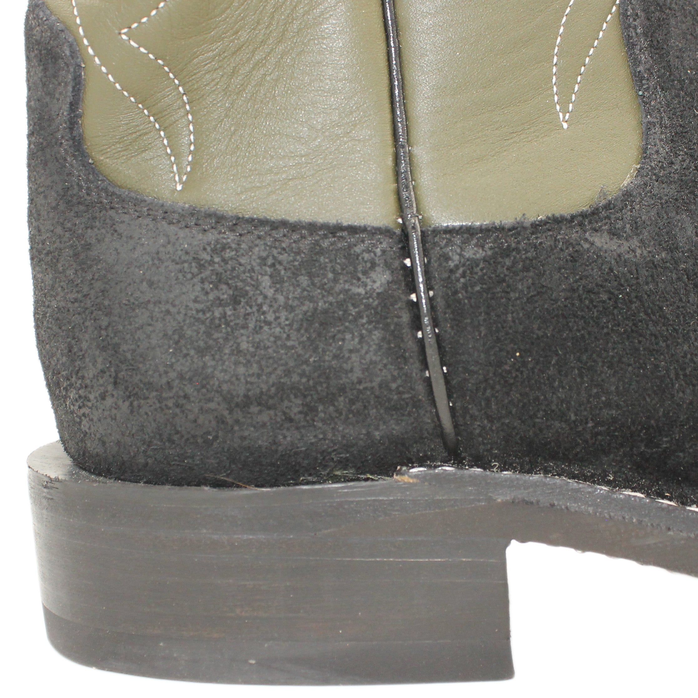 14" Forest Upper w/ Beck Classic Stitching

Black Rough Out Steer Vamp

Wide French Square Toe

Block Heel