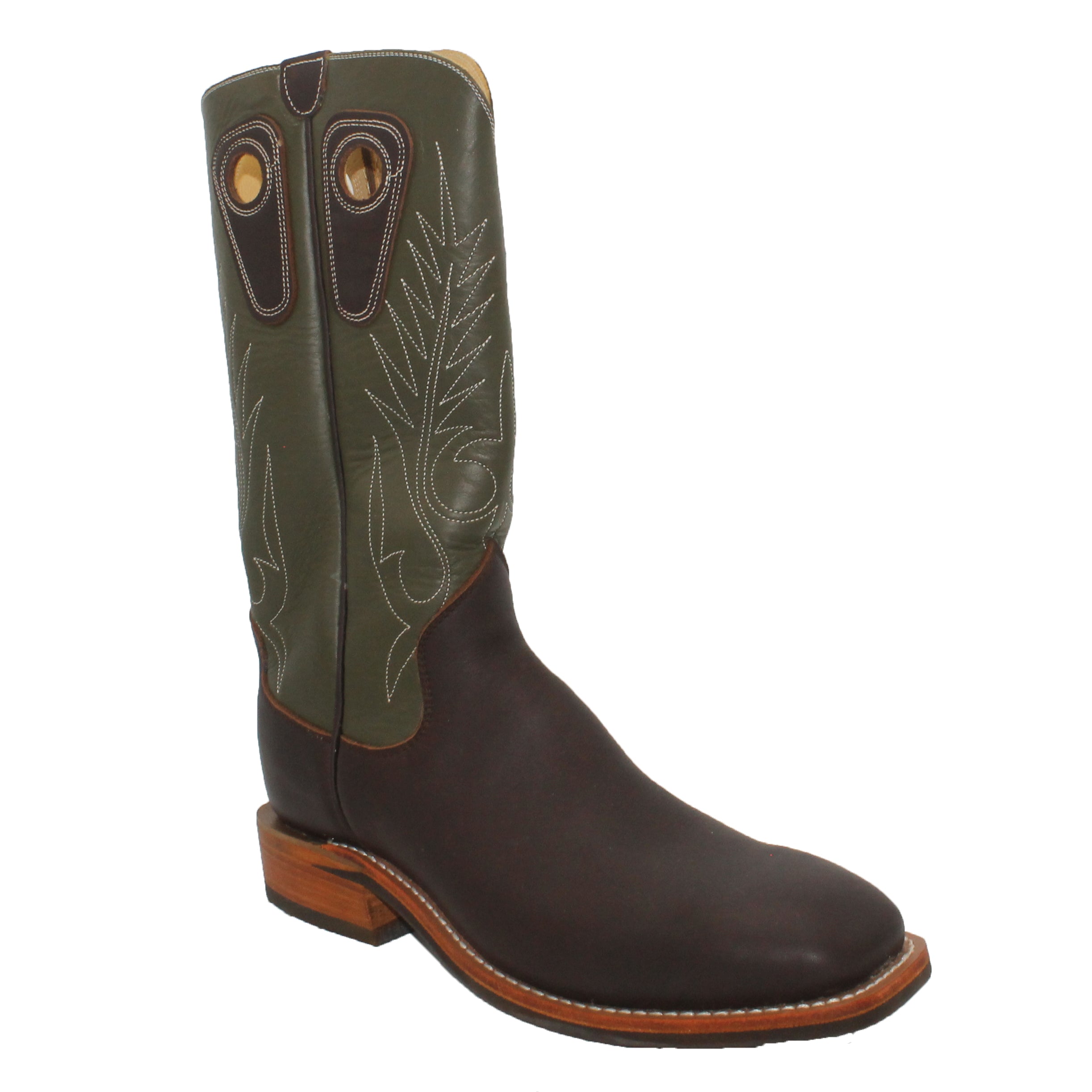 14" Forest Upper w/ Beck Classic Stitching

Brown Timberjack Steer Vamp

Wide French Toe

Block Heel
