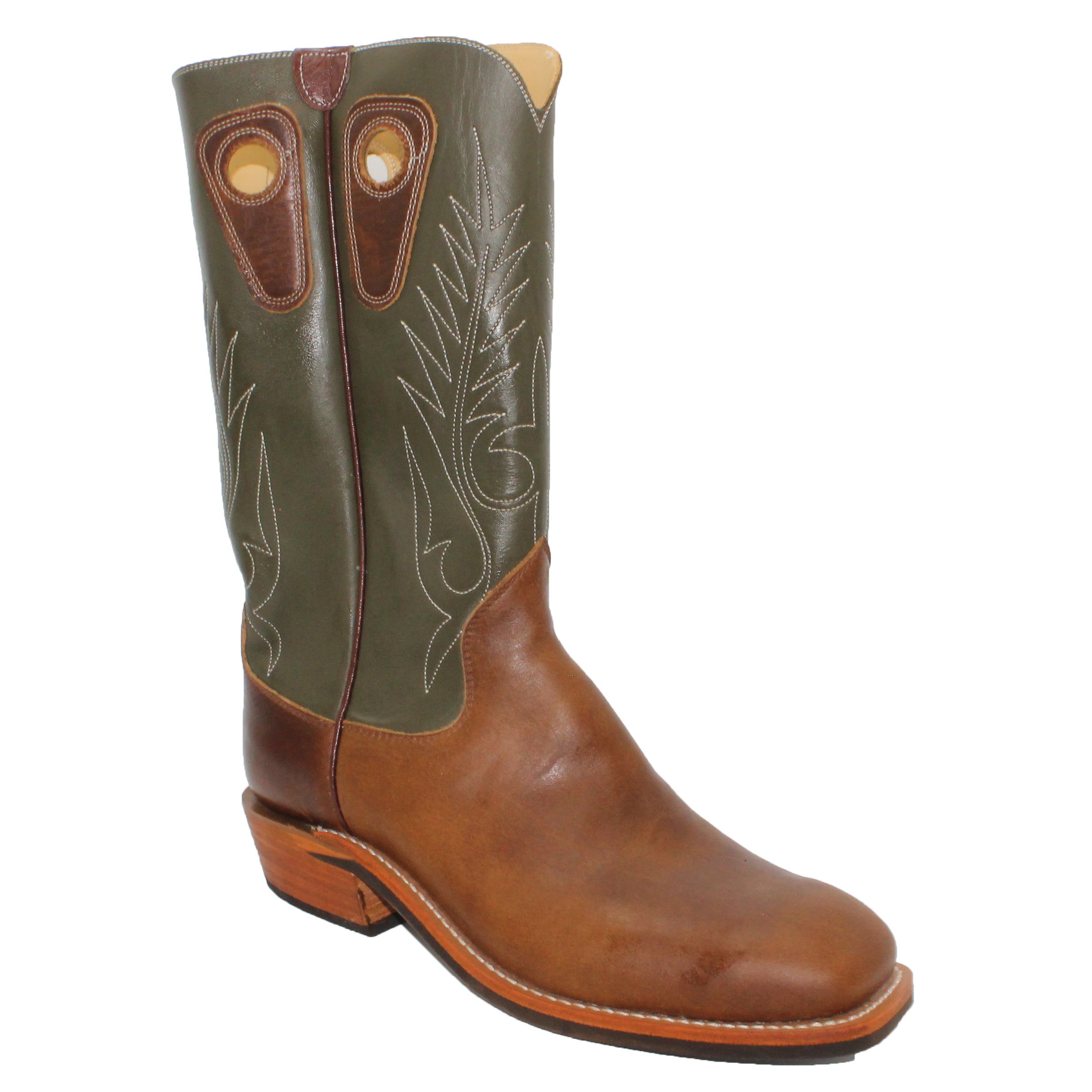14" Forest Upper w/ Beck Classic Stitching

Oil Tan Brown Steer Vamp

Wide French Square Toe

Slightly Tapered Heel