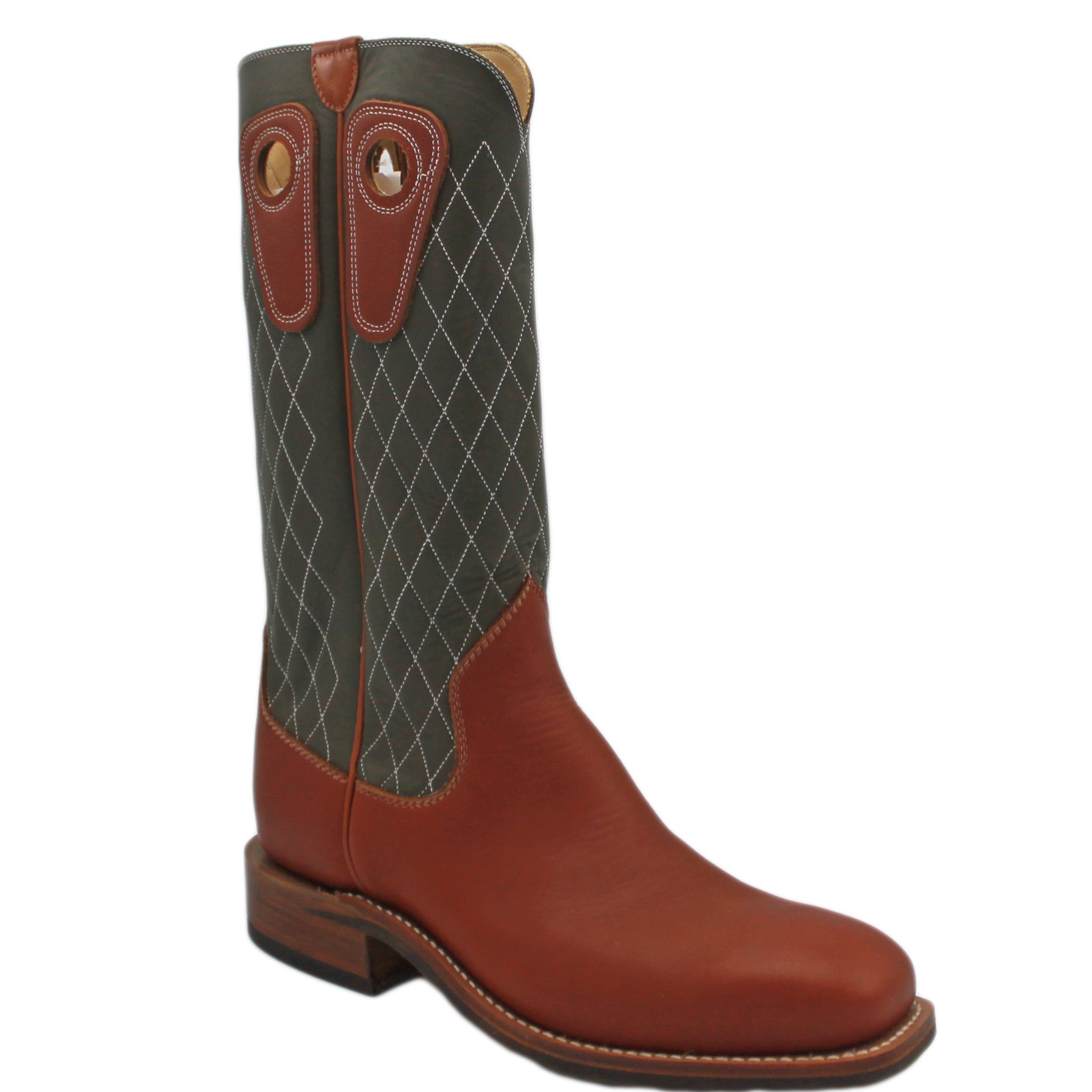 14" Forest upper w/ Diamond Stitching

Tan Timberjack Steer Vamp

Wide French Square Toe

Block Heel