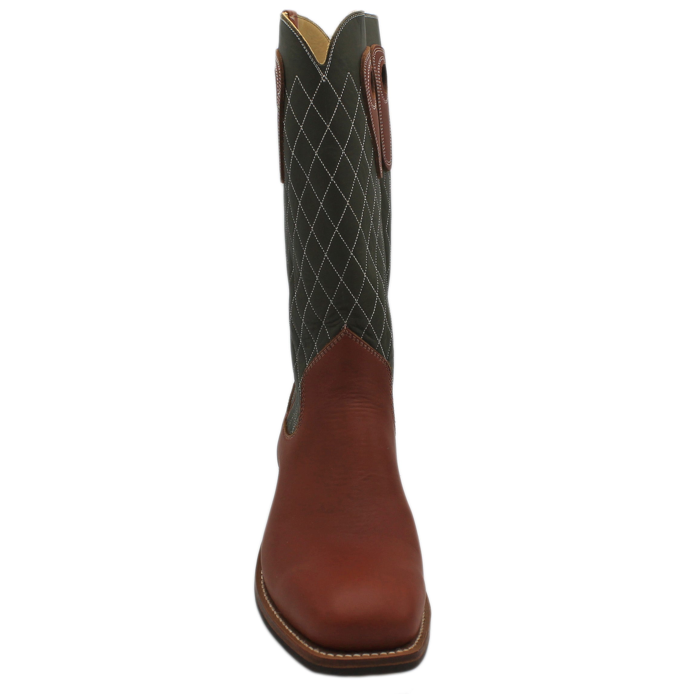14" Forest upper w/ Diamond Stitching

Tan Timberjack Steer Vamp

Wide French Square Toe

Block Heel