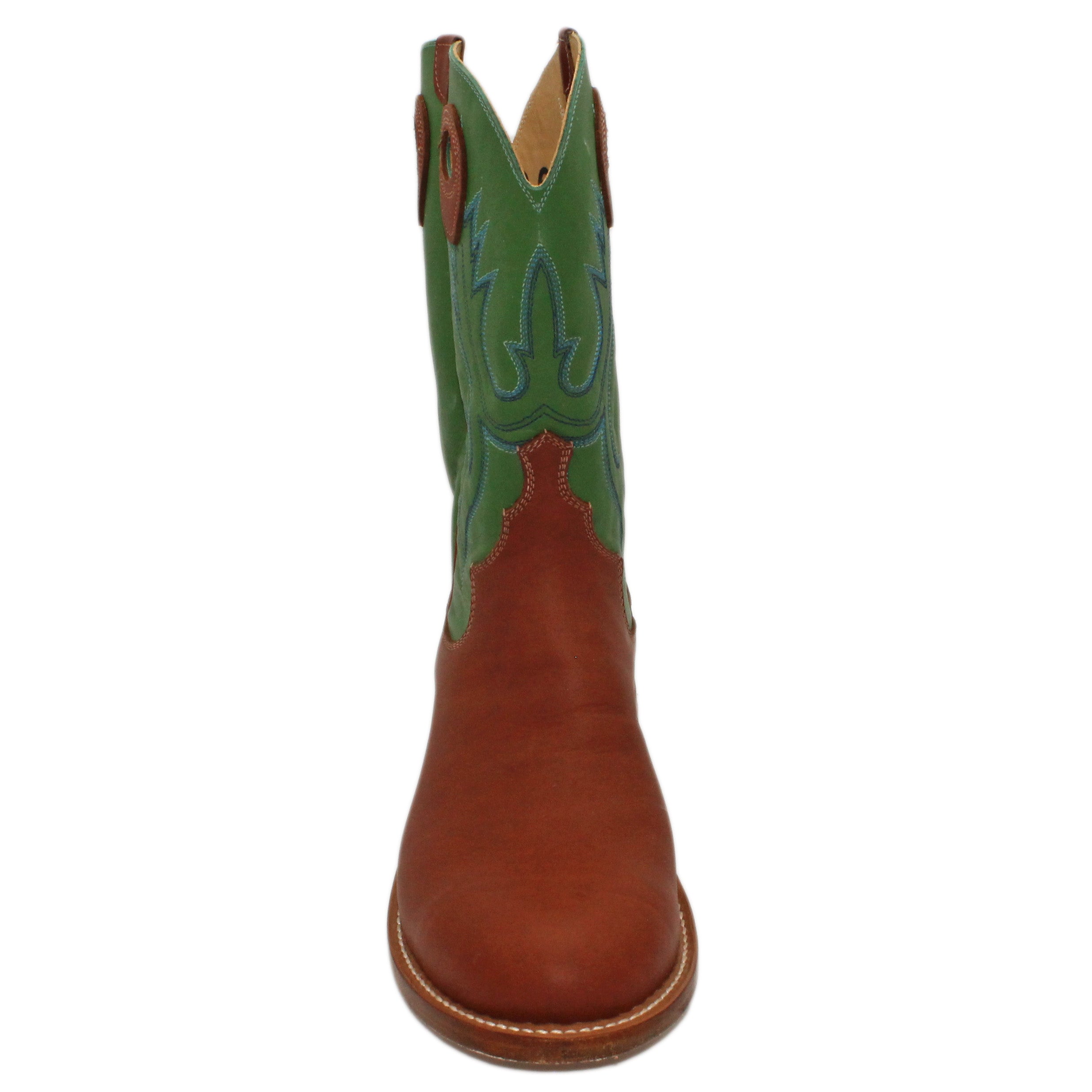 12" Green upper w/ Beck 5 Row Stitching

Tan Timberjack Steer Vamp

Wide Round Toe

Block Heel

Leather Sole