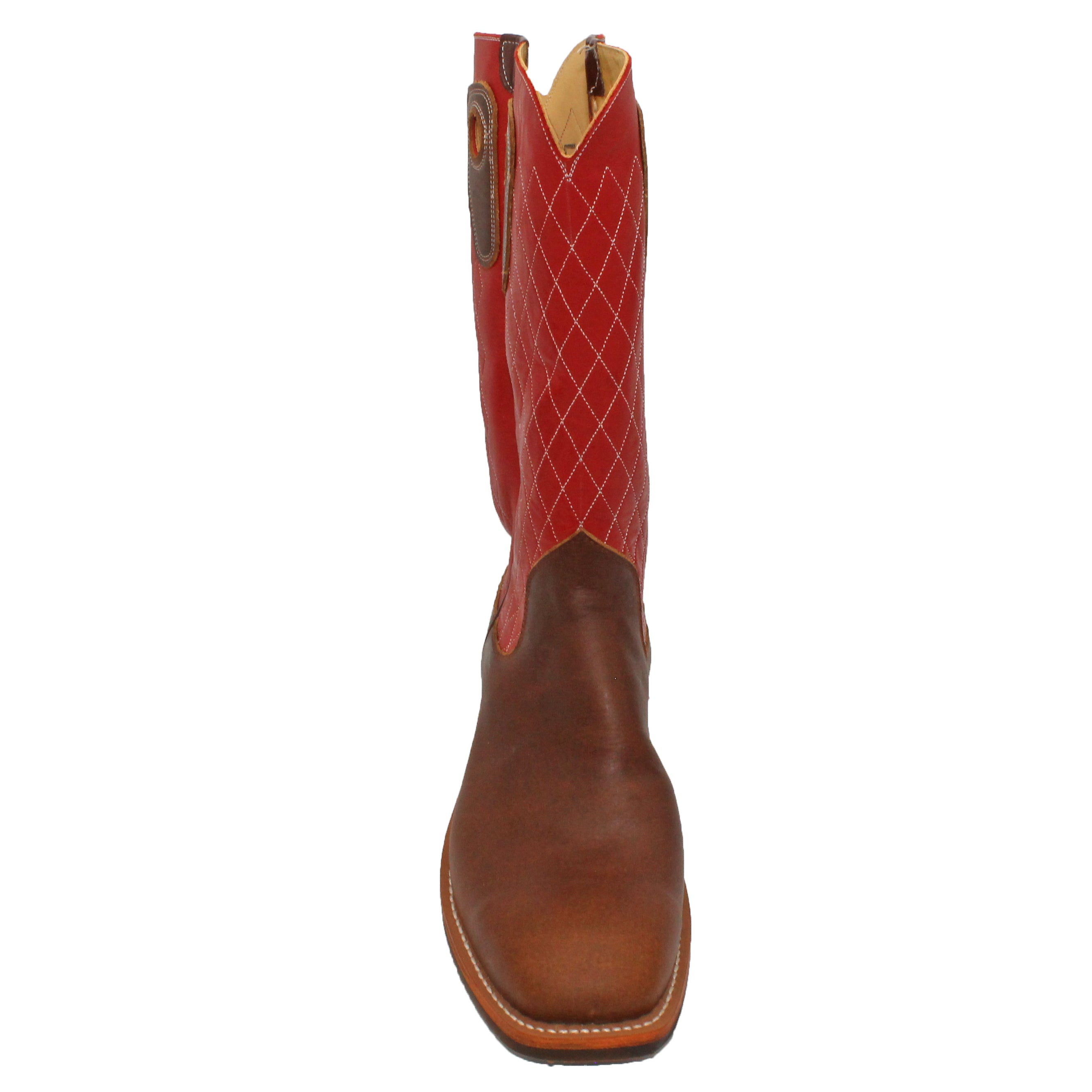 14" Red Upper w/ Diamond Stitching

Oil Tan Steer Vamp

Wide French Square Toe

Slightly Tapered Heel