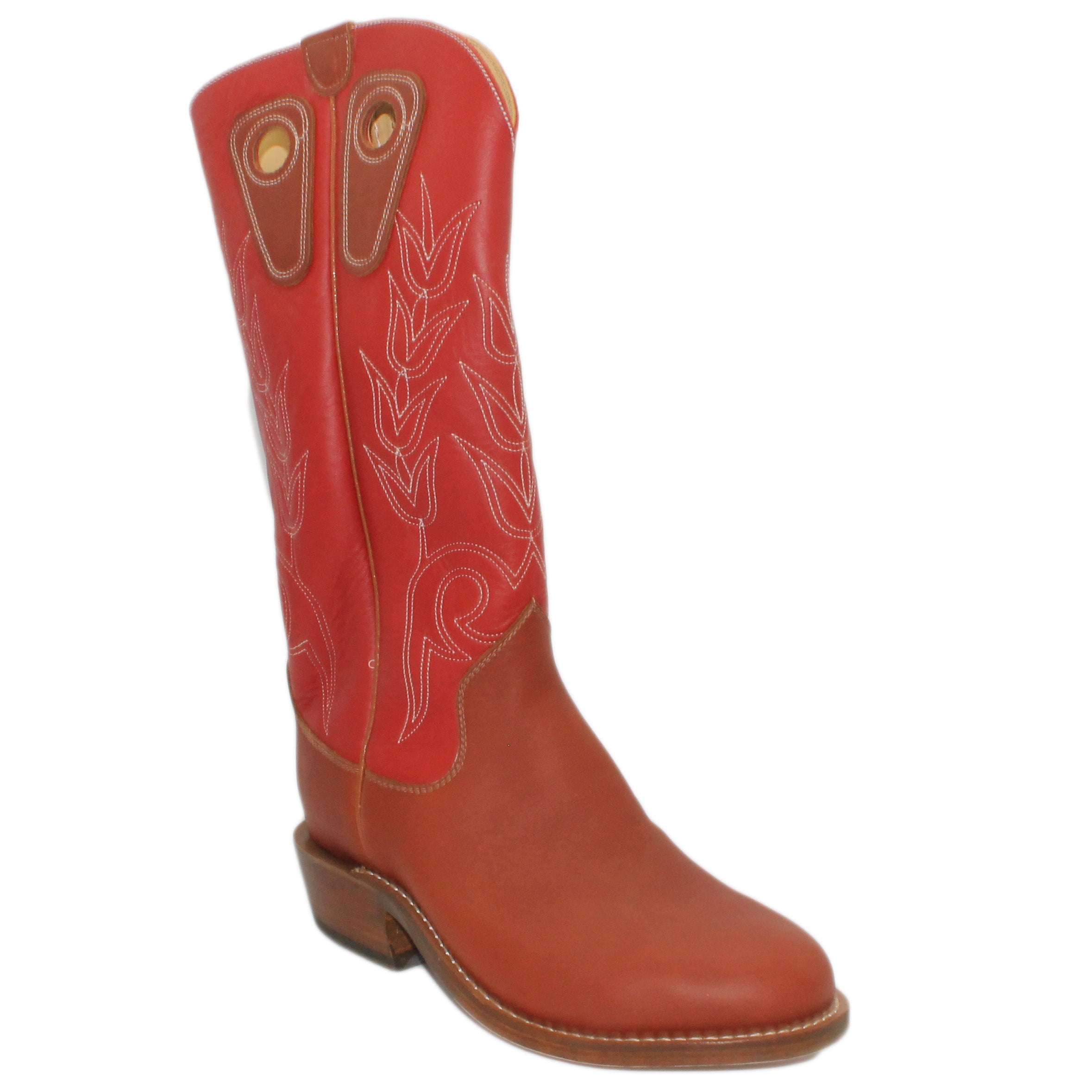 16" Red Upper w/ Tulip Stitching

Tan Timberjack Steer Vamp

Round Toe

Slightly Tapered Heel