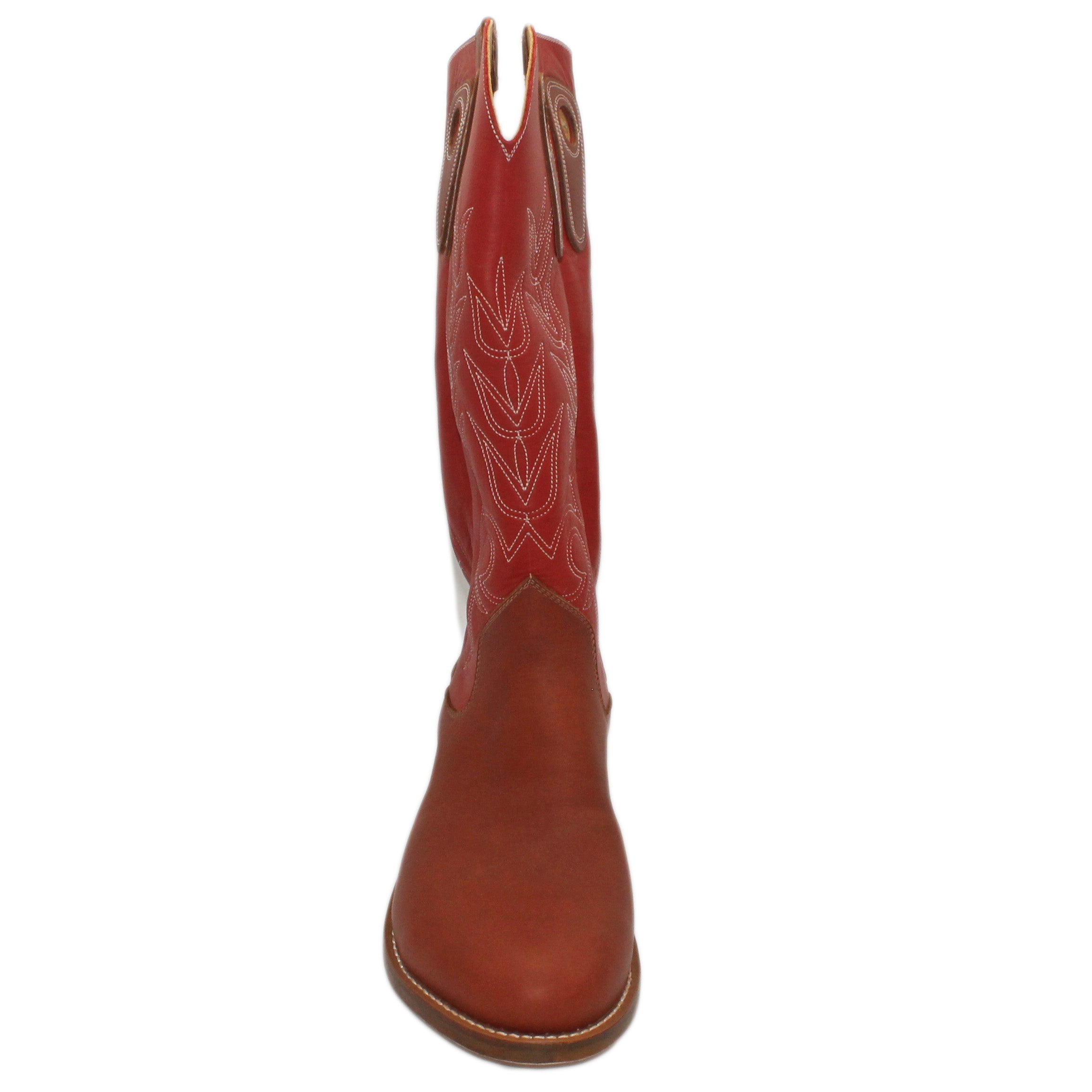 16" Red Upper w/ Tulip Stitching

Tan Timberjack Steer Vamp

Round Toe

Slightly Tapered Heel