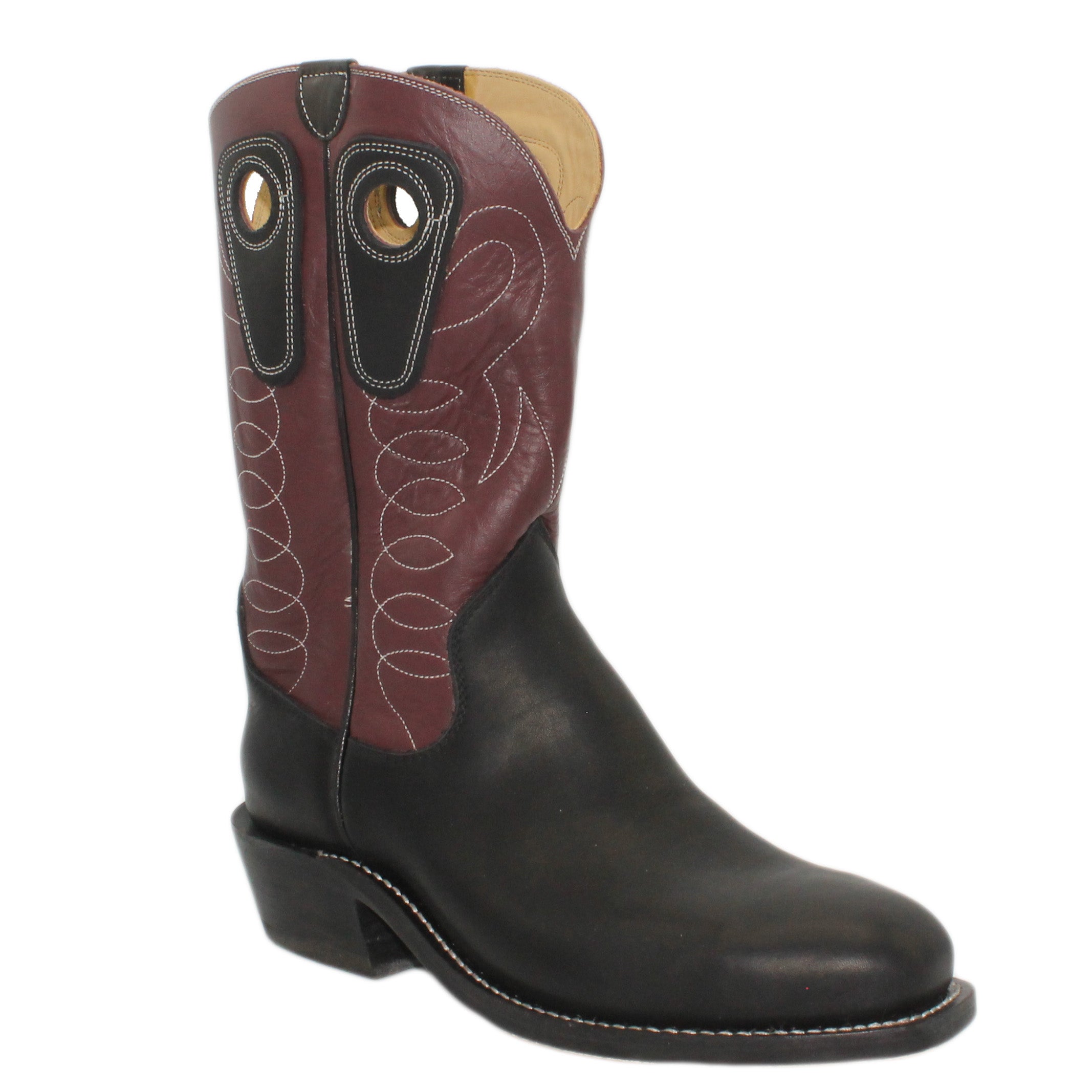 12" Wine Upper w/ Loops Stitching

Black Steer Vamp

Regular French Toe

Slightly Tapered Heel

Leather Sole