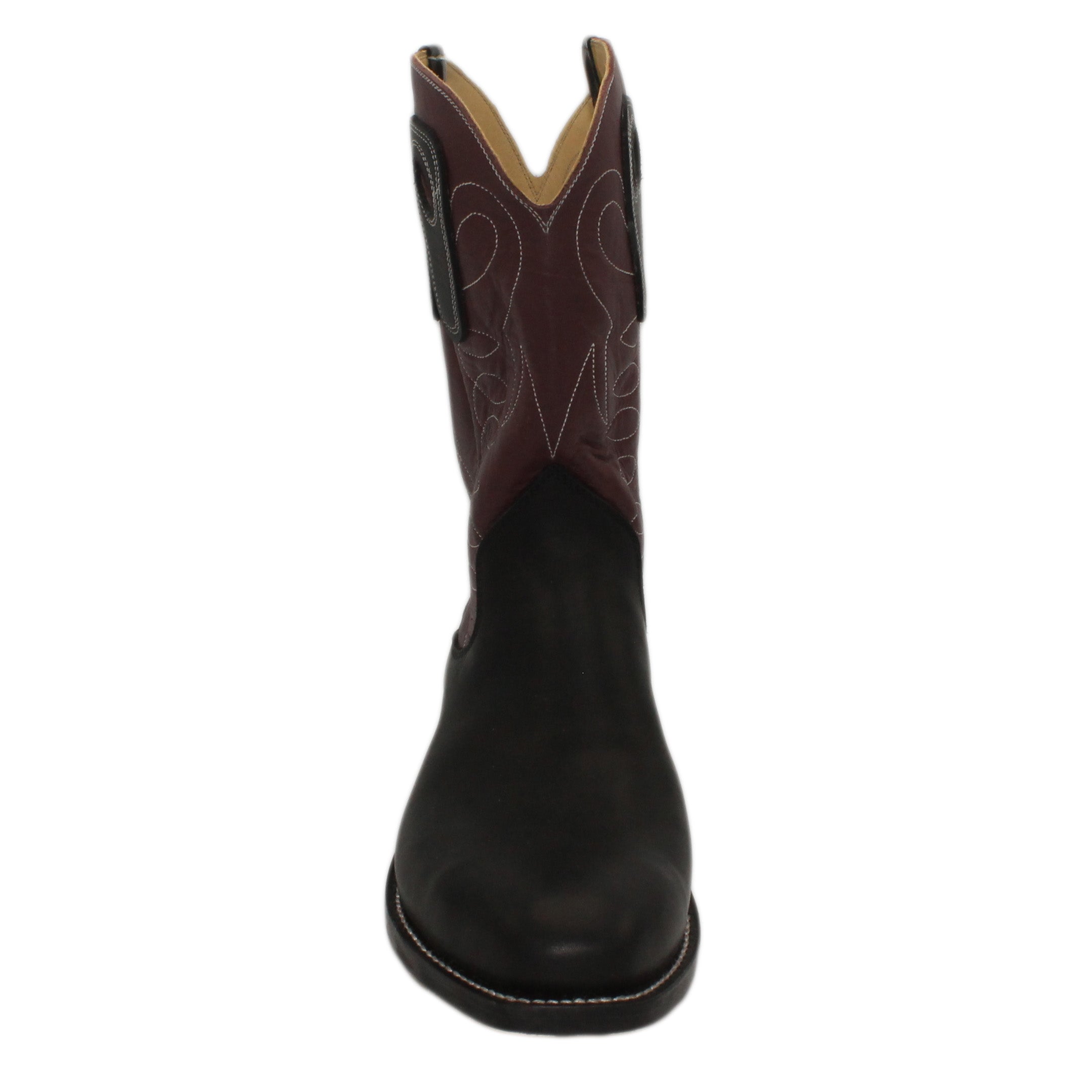 12" Wine Upper w/ Loops Stitching

Black Steer Vamp

Regular French Toe

Slightly Tapered Heel

Leather Sole