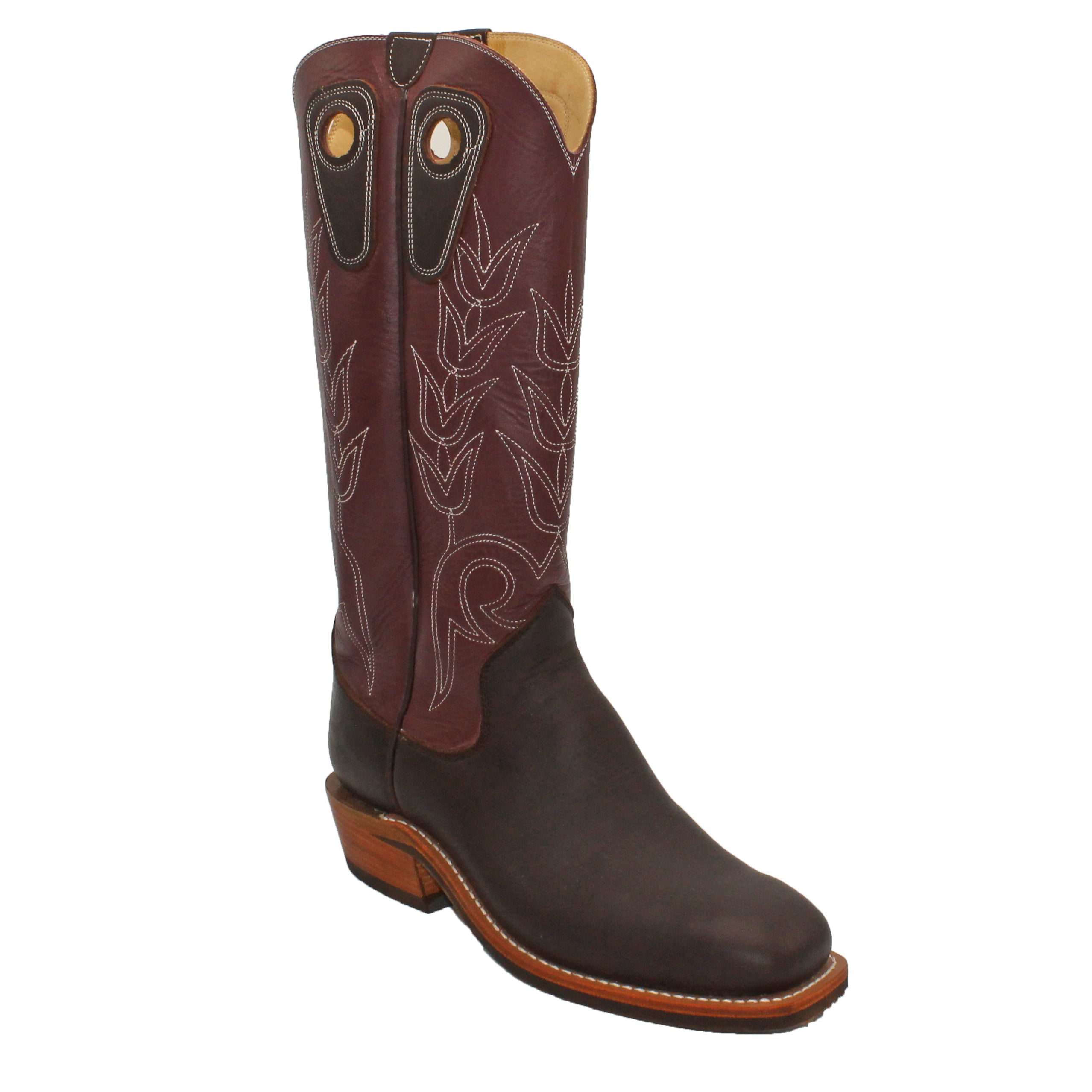 16" Wine Upper w/ Tulip Stitching

Brown Timberjack Steer Vamp

Wide French Square Toe

Slightly Tapered Heel
