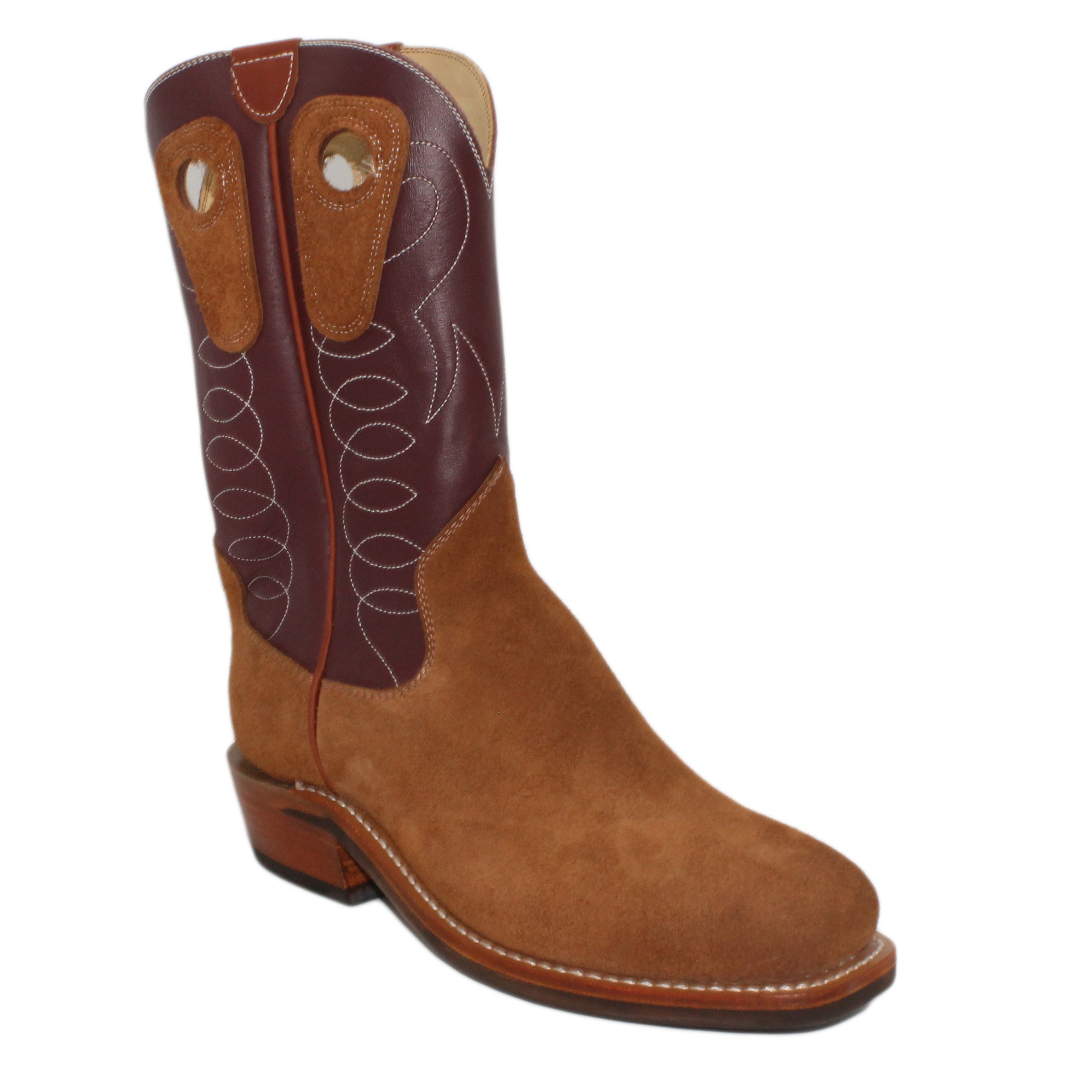 12" Wine Upper w/ Loops Stitching

Tan Timberjack Rough Out Steer Vamp

Wide French Square Toe

Slightly Tapered Heel