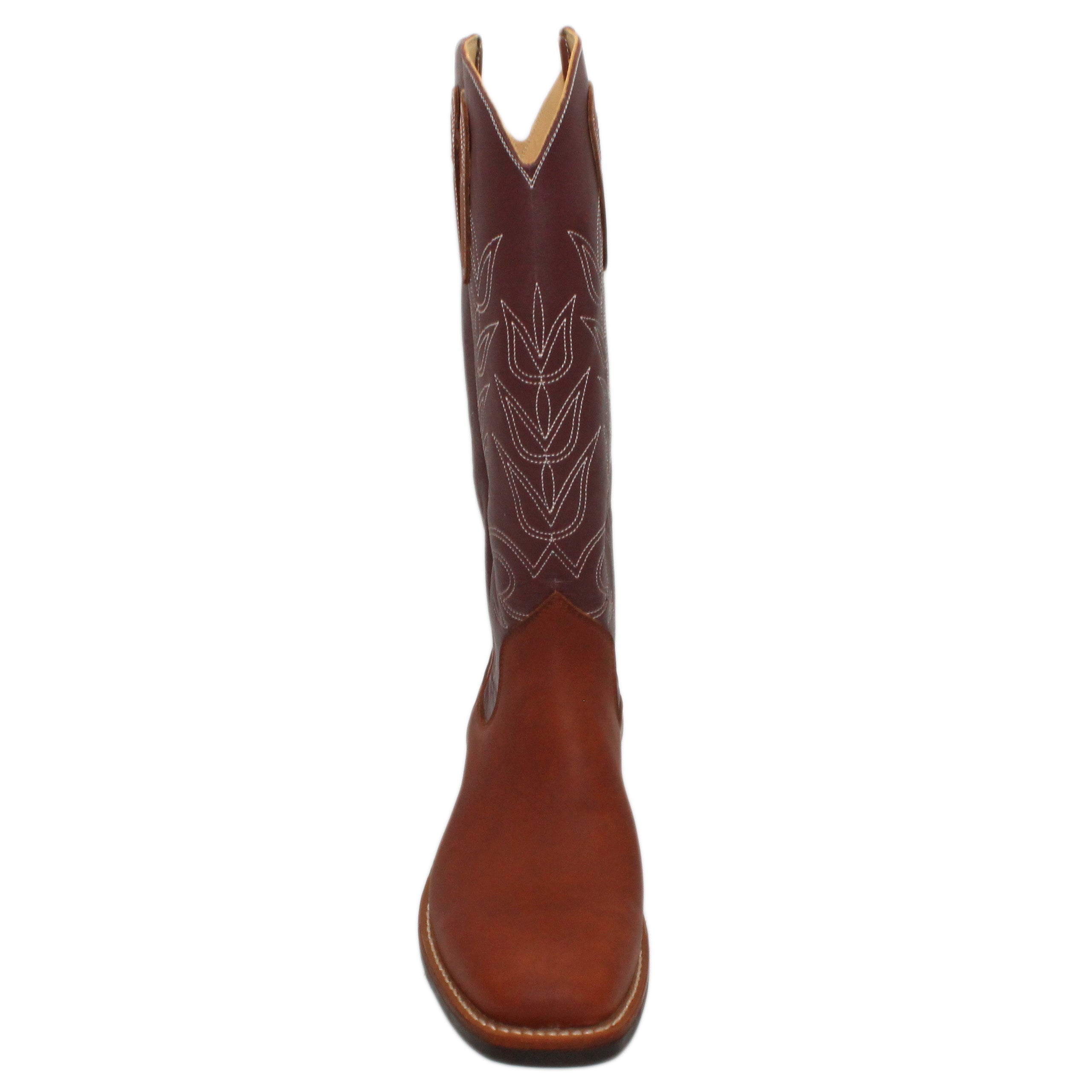 16" Wine Uppers w/ Tulip Stitching

Tan Timberjack Steer Vamp

Wide French Square Toe

Slightly Tapered Heel