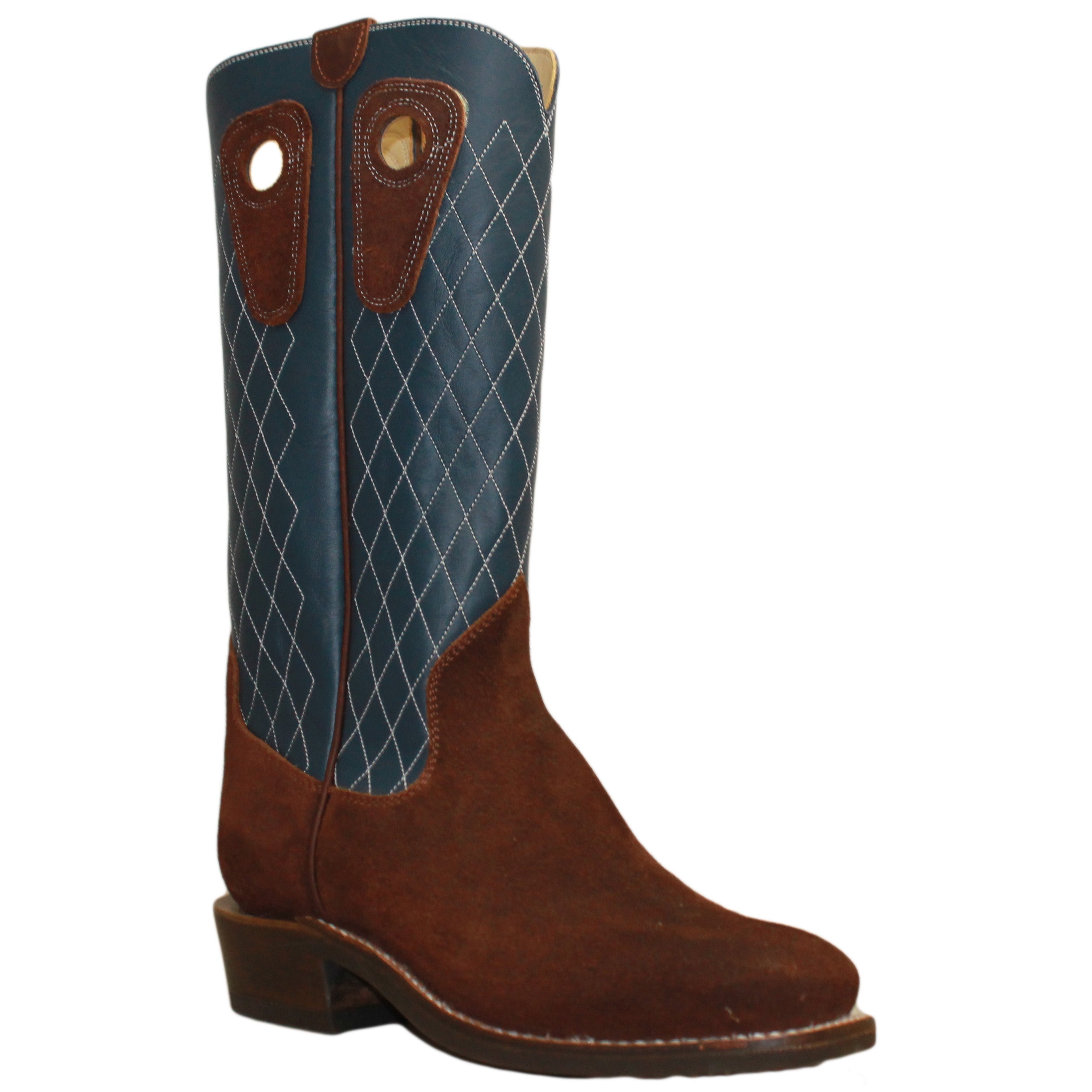 14" Blue Upper w/ Diamond Stitching

Brown Timberjack Rough Out Steer Vamp

Wide French Square Toe

Slightly Tapered Heel
