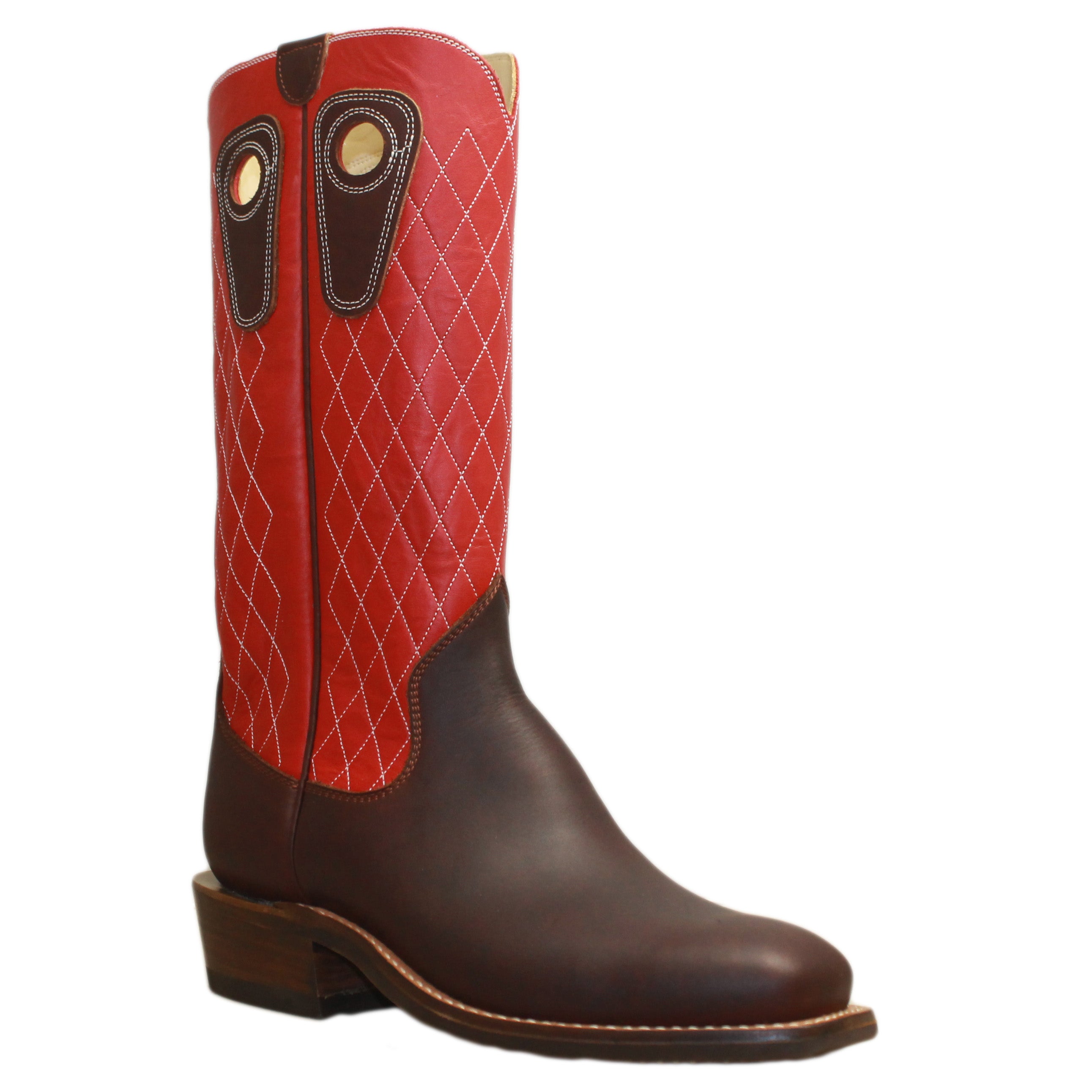 14" Red Upper w/ Diamond Stitching

Brown Timberjack Steer Vamp

Wide French Square Toe

Slightly Tapered Heel