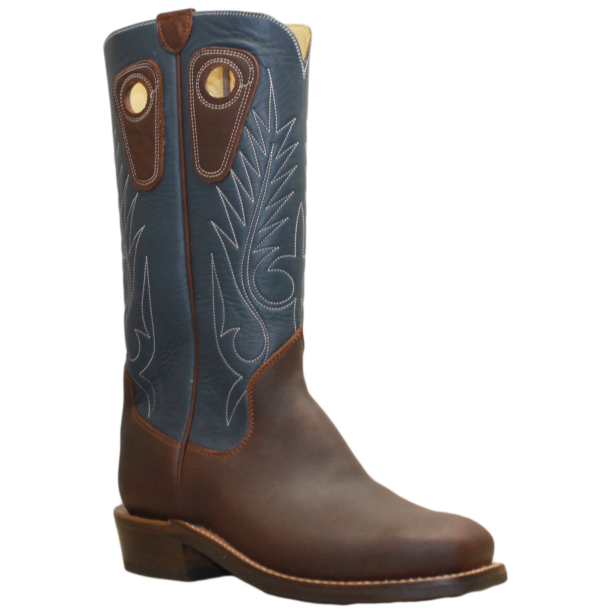 14" Blue Upper w/ Beck Classic Stitching

Brown Timberjack Smooth Steer Vamp

Wide French Square Toe

Slightly Tapered Heel