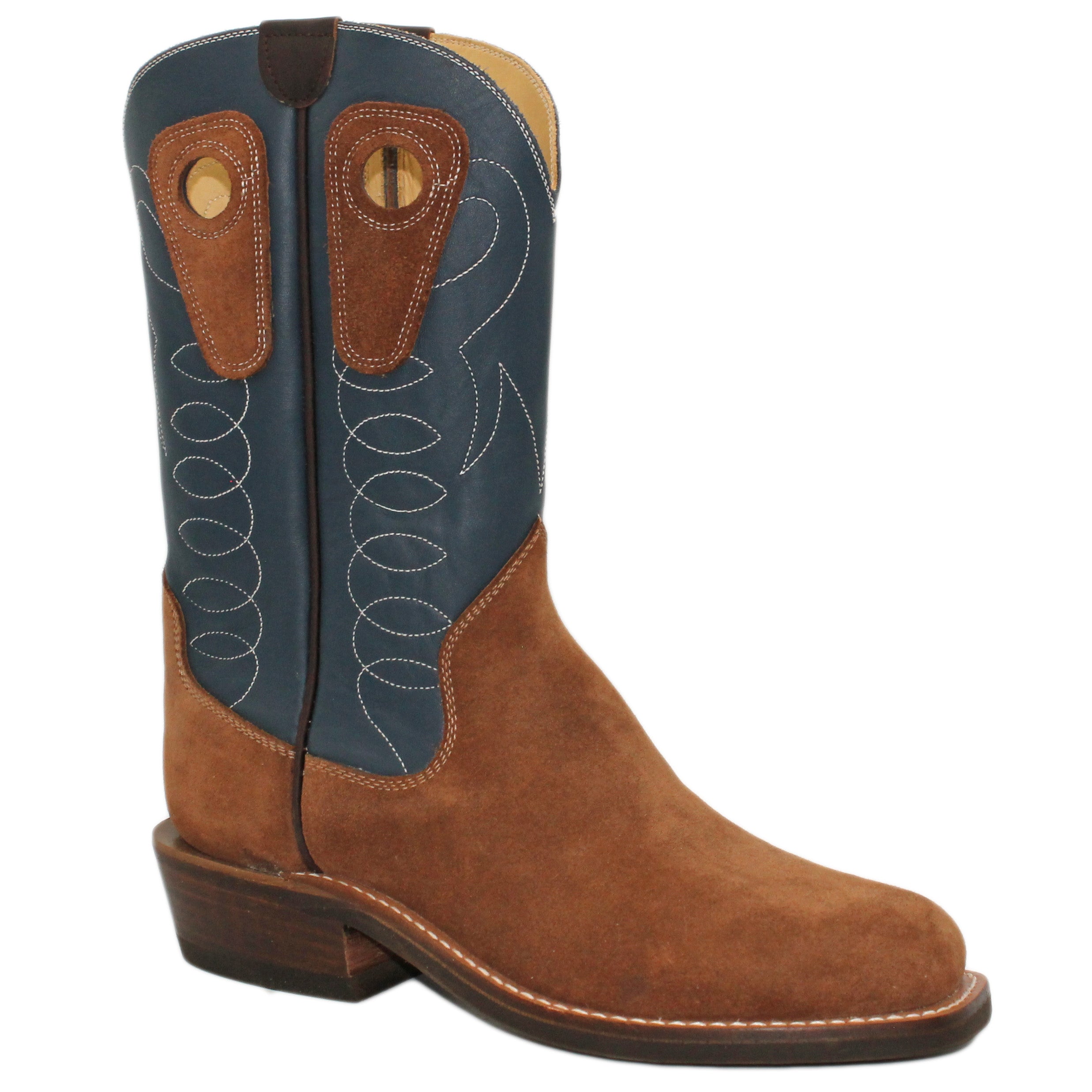 12" Blue Upper w/ Loops Stitching

Brown Timberjack Steer Rough Out Vamp

Wide French Square Toe

Slightly Tapered Heel