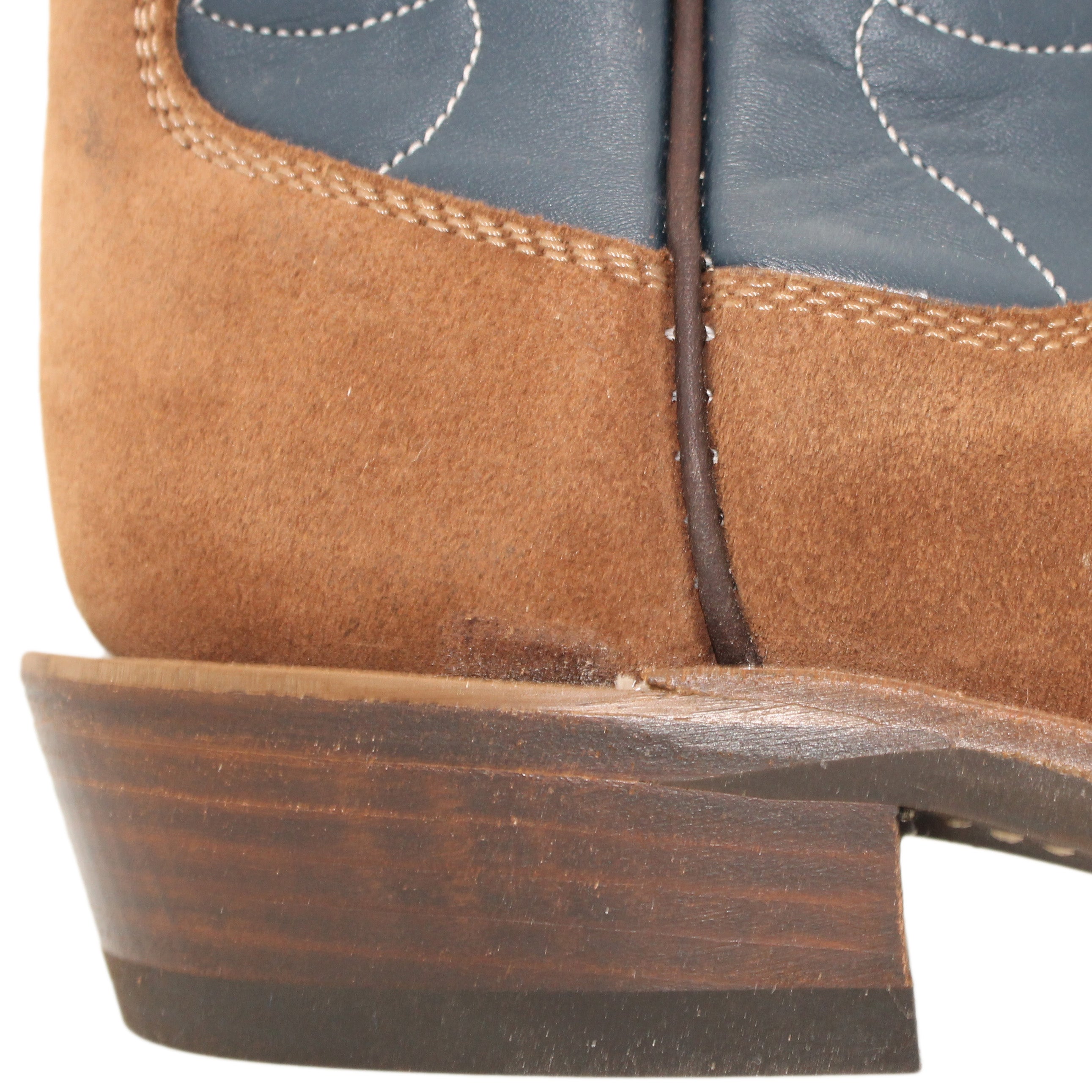 12" Blue Upper w/ Loops Stitching

Brown Timberjack Steer Rough Out Vamp

Wide French Square Toe

Slightly Tapered Heel