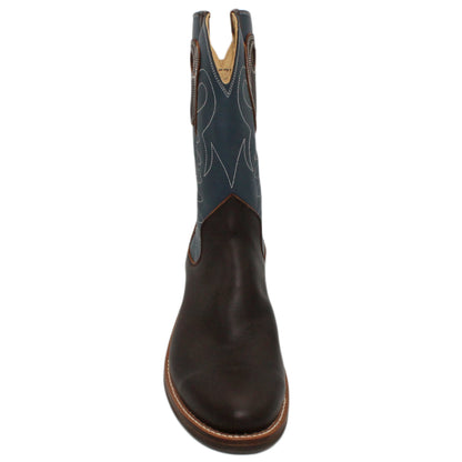 12" Blue Upper w/ Loops Stitching

Brown Timberjack Steer Vamp

Round Toe

Block Heel