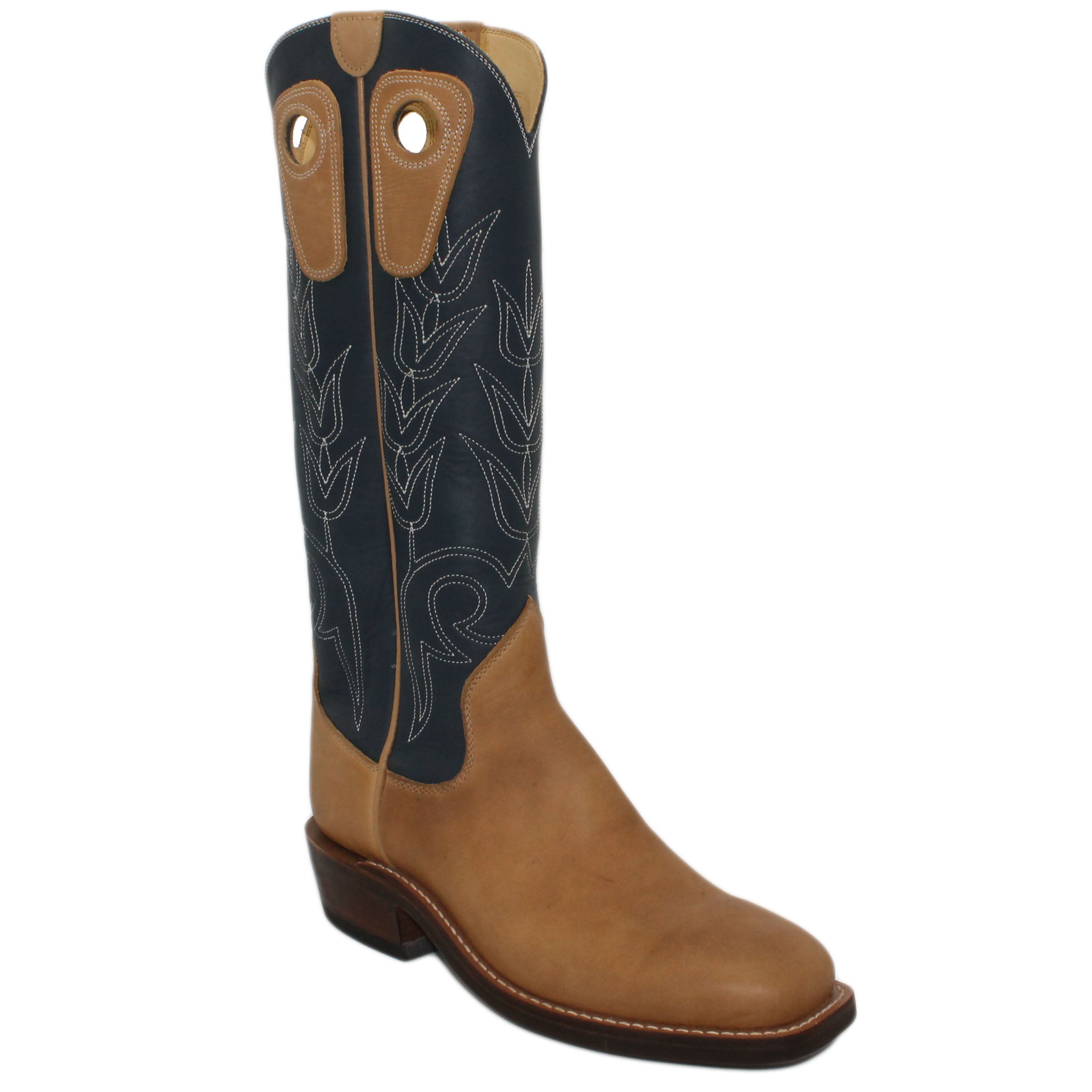 16" Blue Uppers w/ Tulip Stitching

Buckskin Steer Vamp

Wide French Square Toe

Slightly Tapered Heel