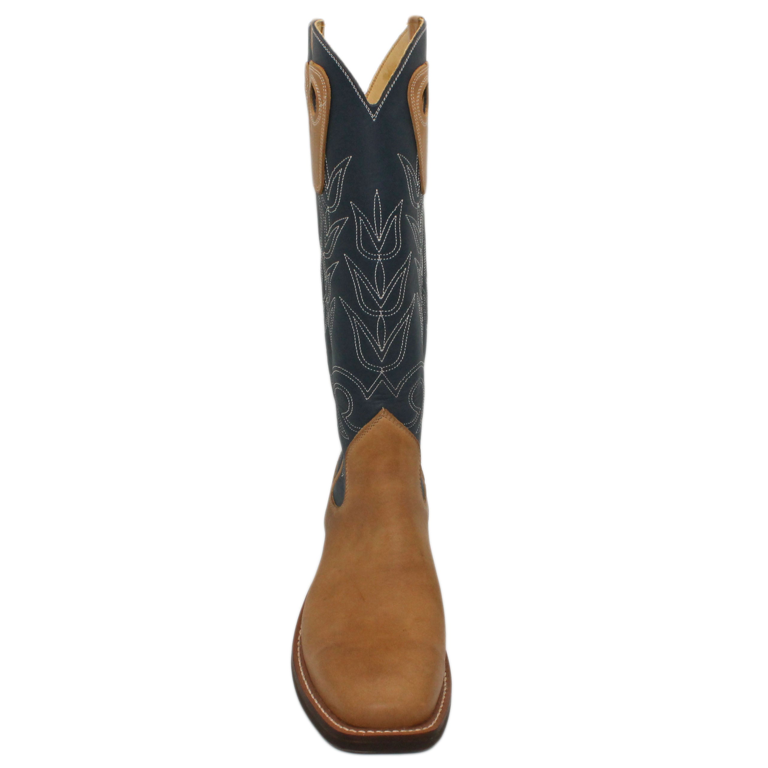 16" Blue Uppers w/ Tulip Stitching

Buckskin Steer Vamp

Wide French Square Toe

Slightly Tapered Heel