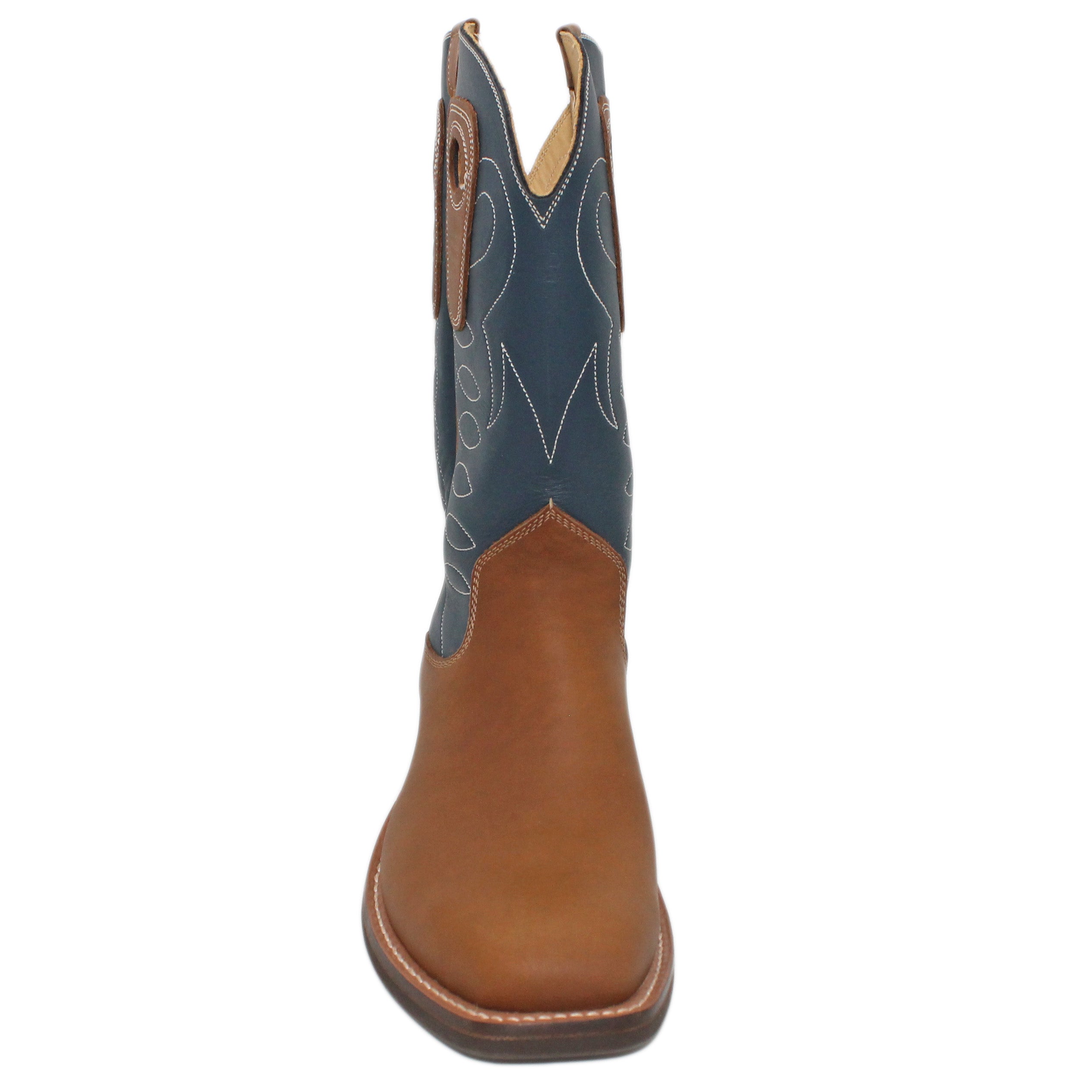 12" Blue Upper w/ Loops Stitching

Saddle Timberjack Steer Vamp

Wide French Square Toe

Block Heel