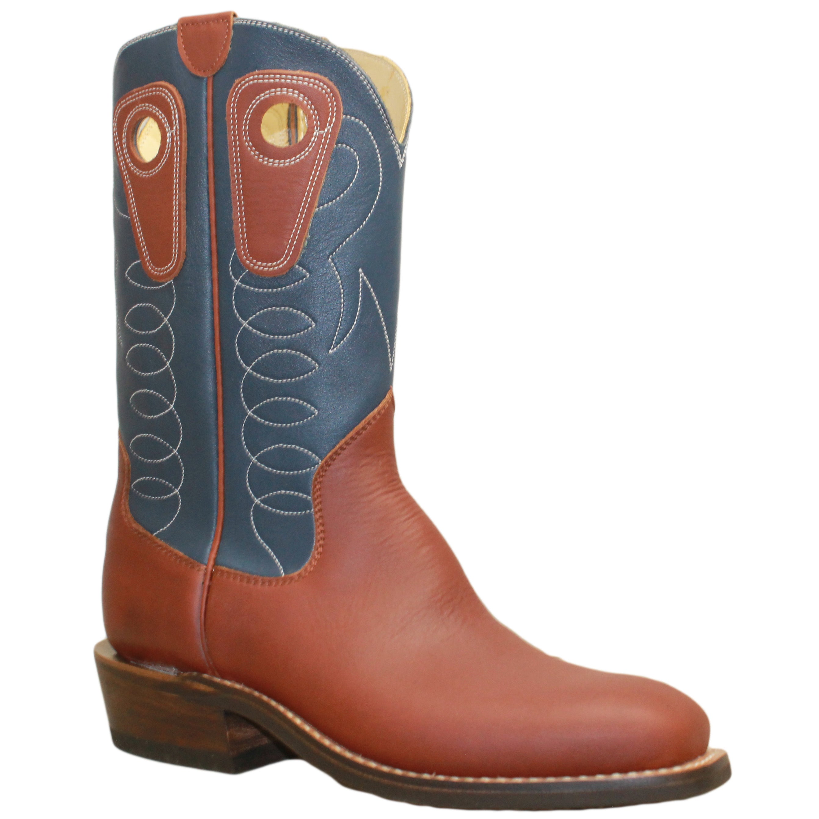 12" Blue Upper w/ Loops Stitching

Tan Timberjack Steer Vamp

Wide French Square Toe

Slightly Tapered Heel