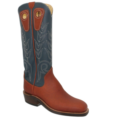 16" Blue Upper w/ Tulip Stitching

Tan Timberjack Steer Vamp

Wide French Square Toe

Slightly Tapered Heel