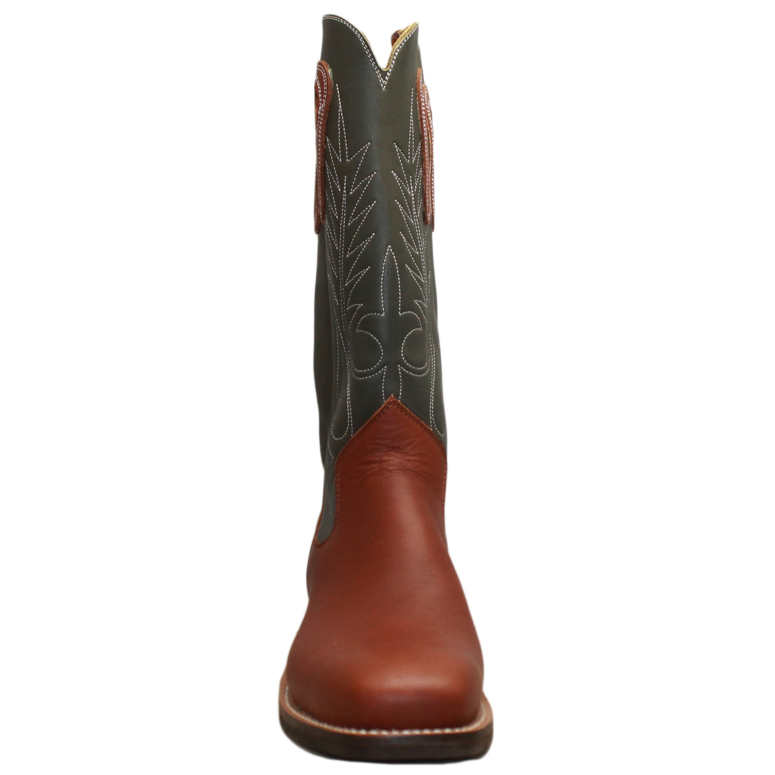 14" Forest upper w/ Beck Classic Stitching

Tan Timberjack Steer Vamp

Wide French Square Toe

Slightly Tapered Heel