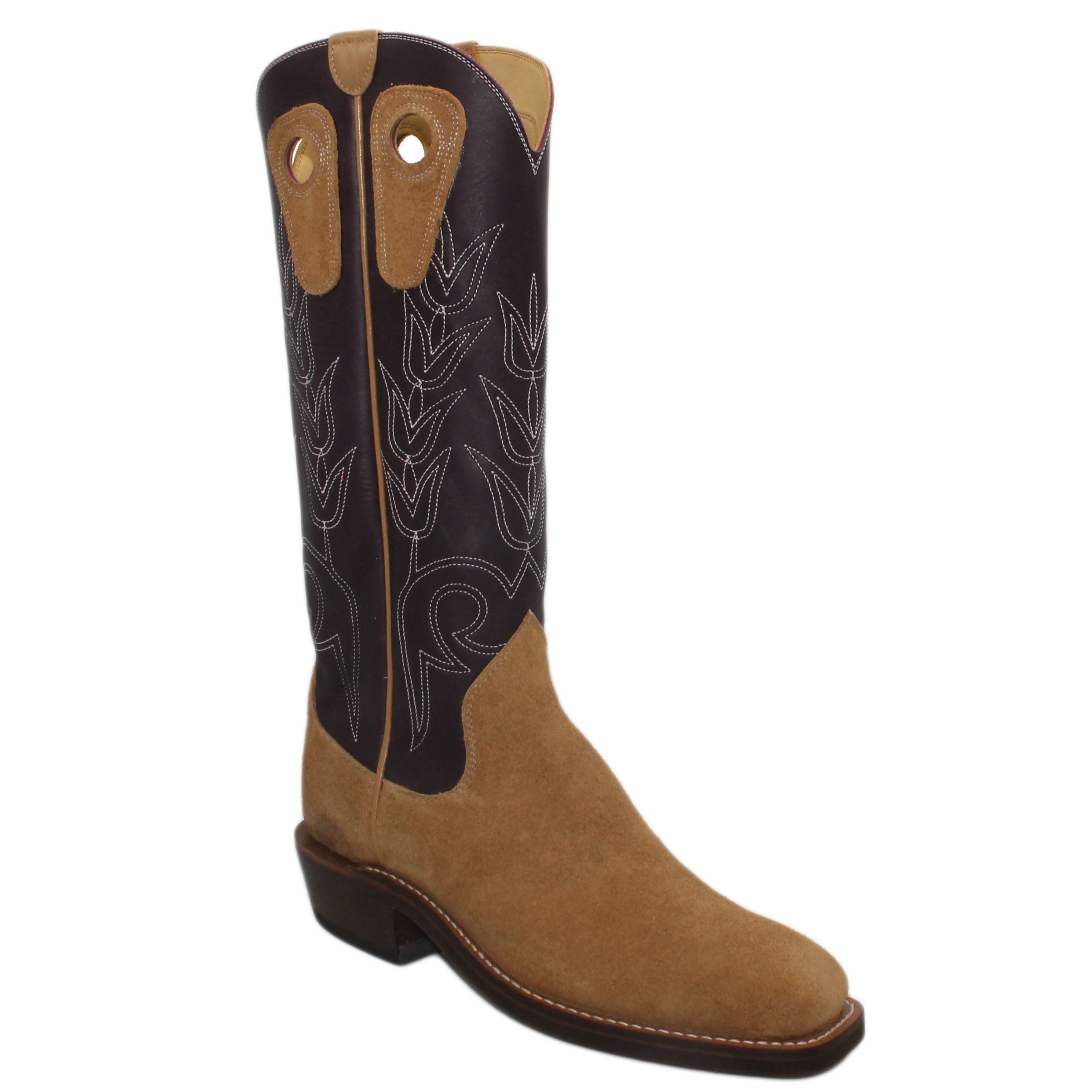 16" Purple Uppers w/ Tulip Stitching

Buckskin Rough Out Steer Vamp

Wide French Square Toe

Slightly Tapered Heel
