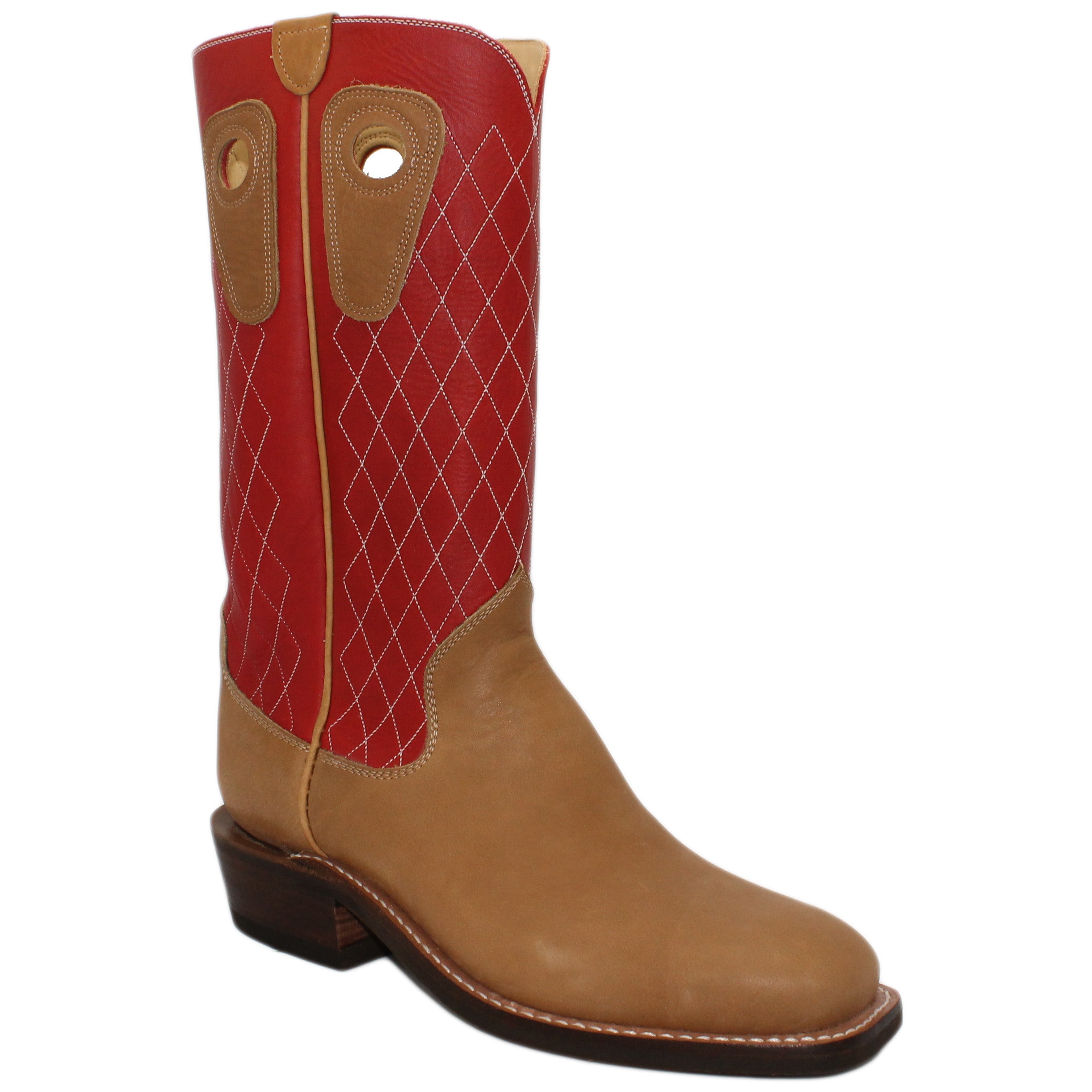 14" Red upper w/& Diamond Stitching

Buckskin Steer Vamp

Wide French Square Toe

Slightly Tapered Heel