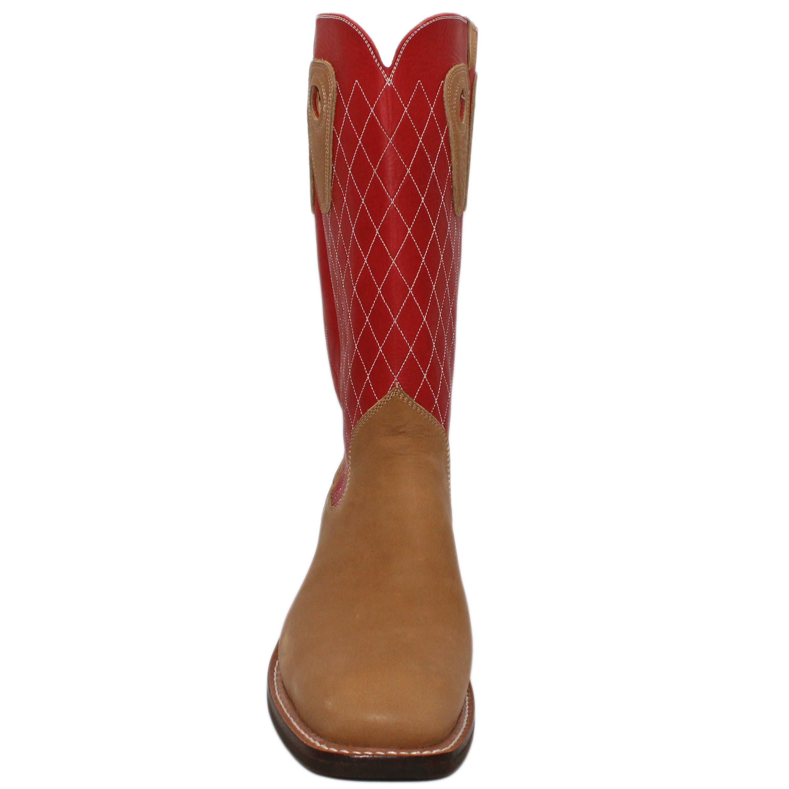 14" Red upper w/& Diamond Stitching

Buckskin Steer Vamp

Wide French Square Toe

Slightly Tapered Heel